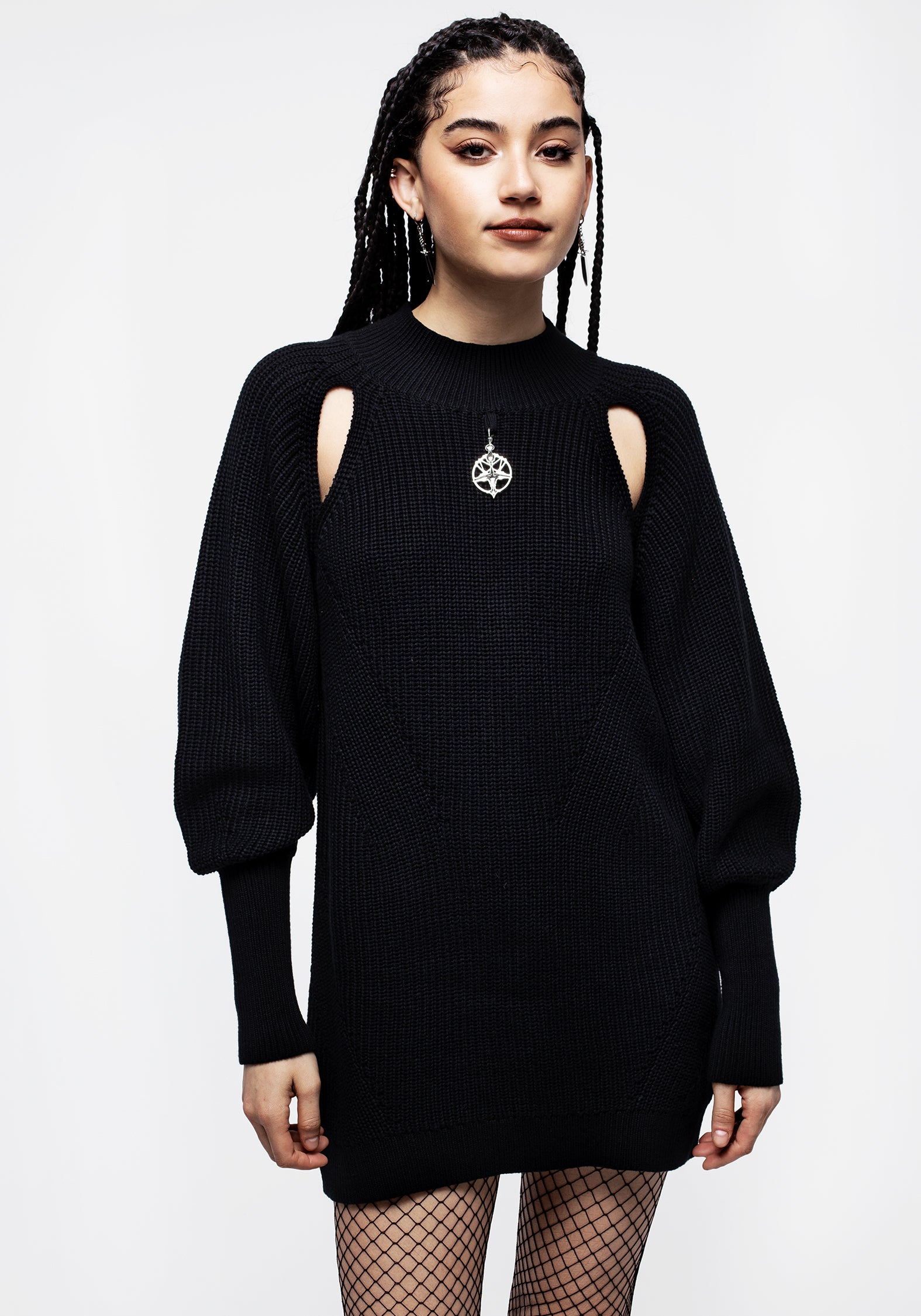 Black Ribbed Cut-Out Sweater Dress with Silver Charm | Mini Length
