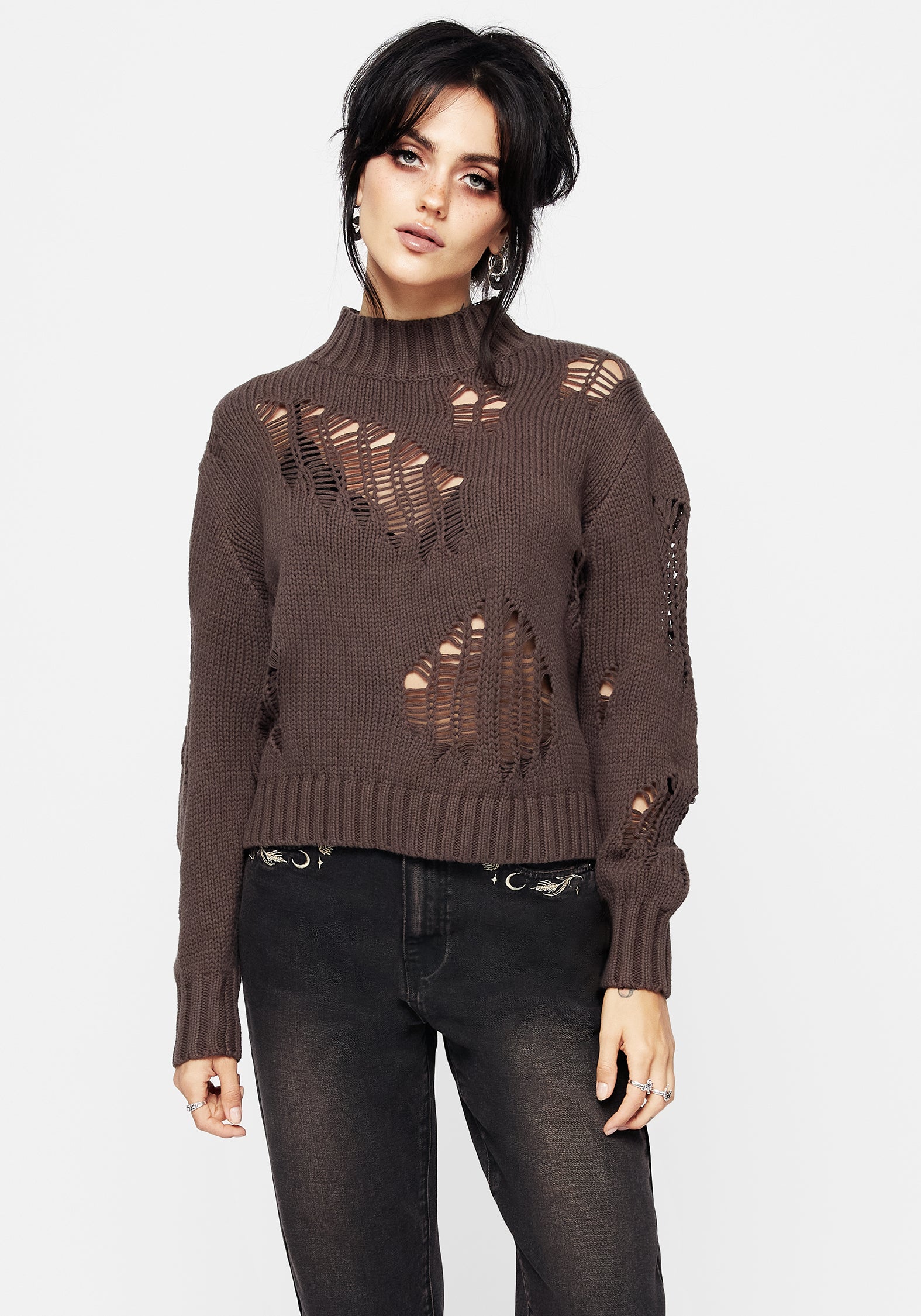 Distressed Brown Knit Sweater with Ribbed Collar | Relaxed Fit