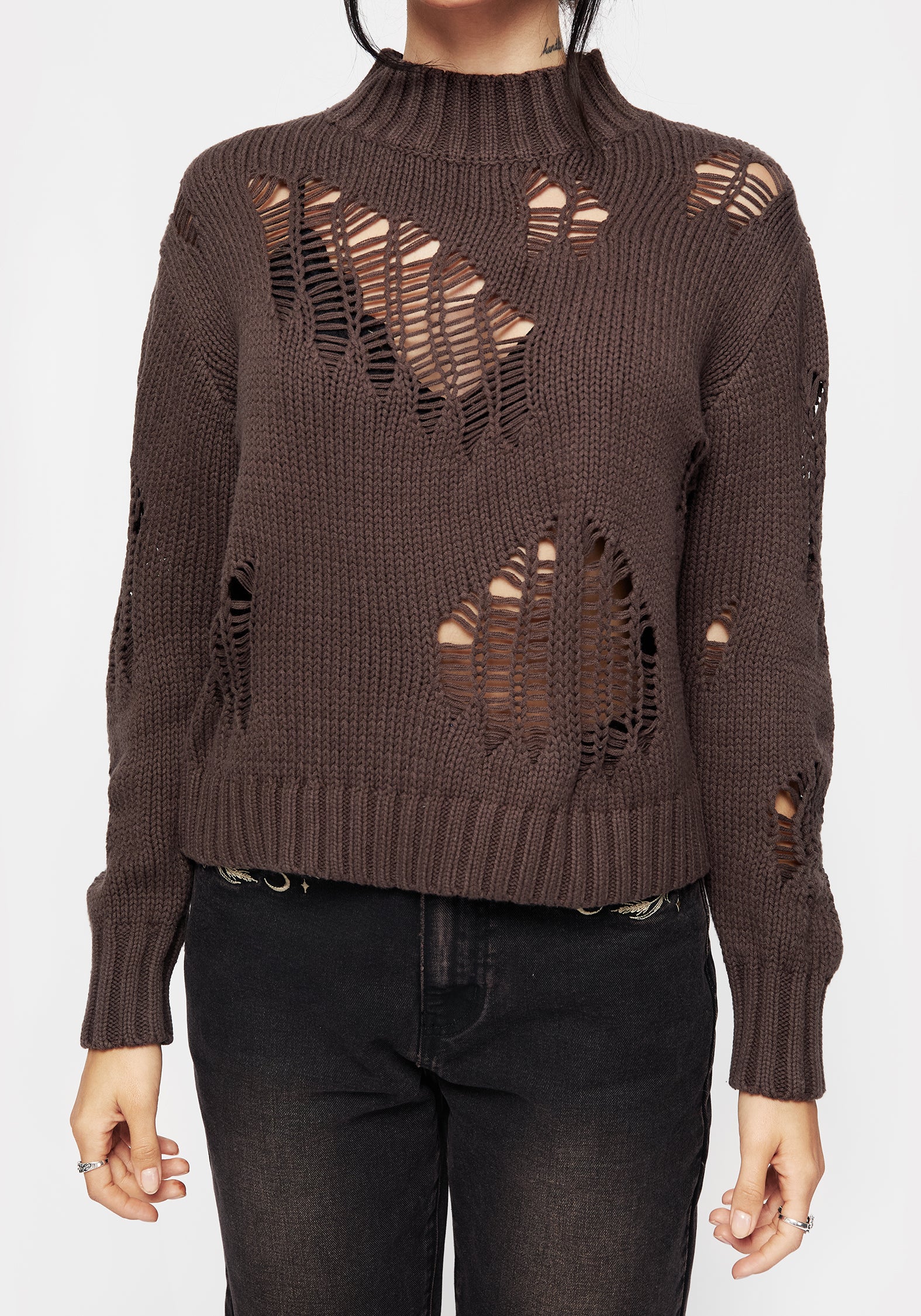 Distressed Brown Knit Sweater with Ribbed Collar | Relaxed Fit