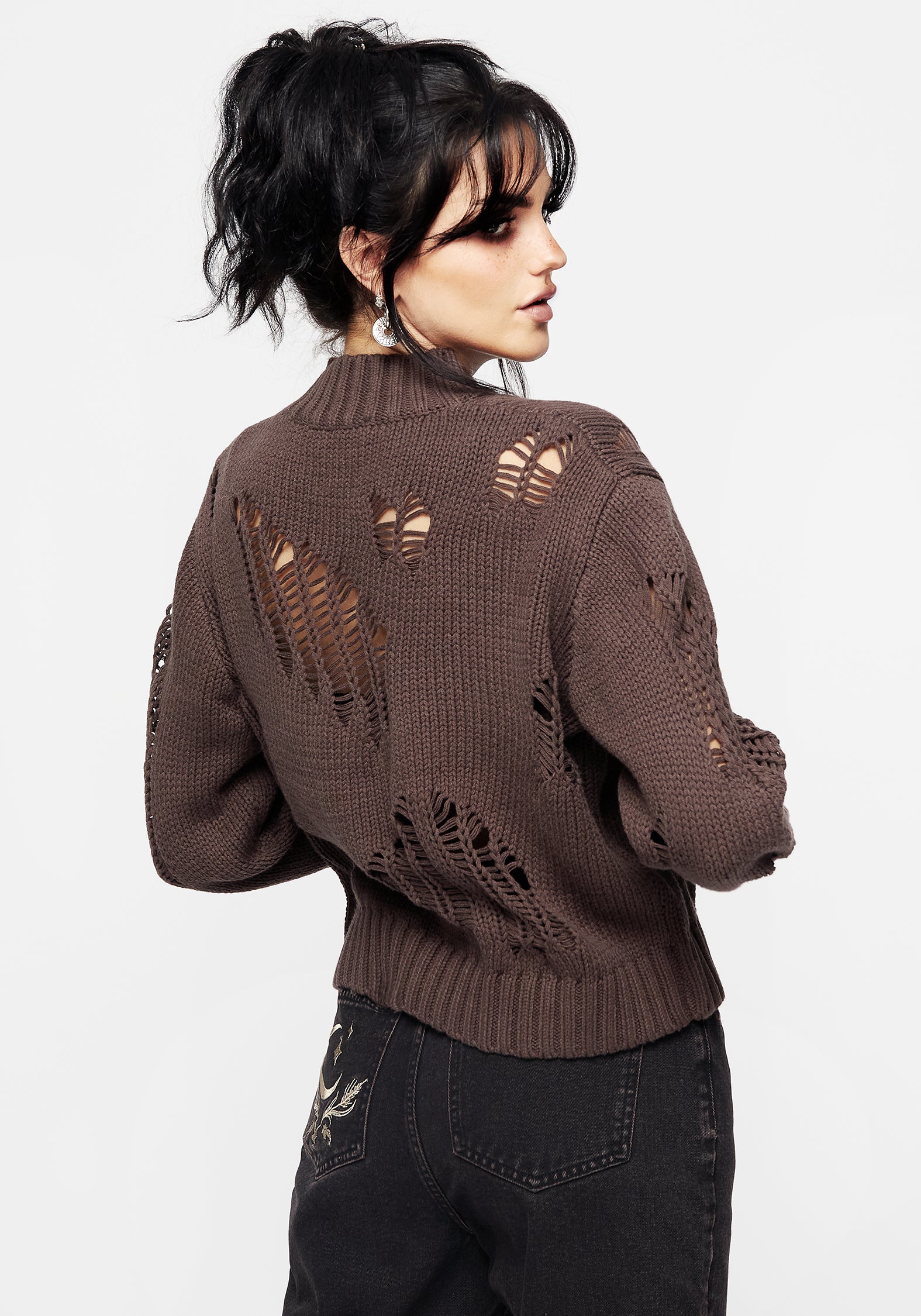 Distressed Brown Knit Sweater with Ribbed Collar | Relaxed Fit