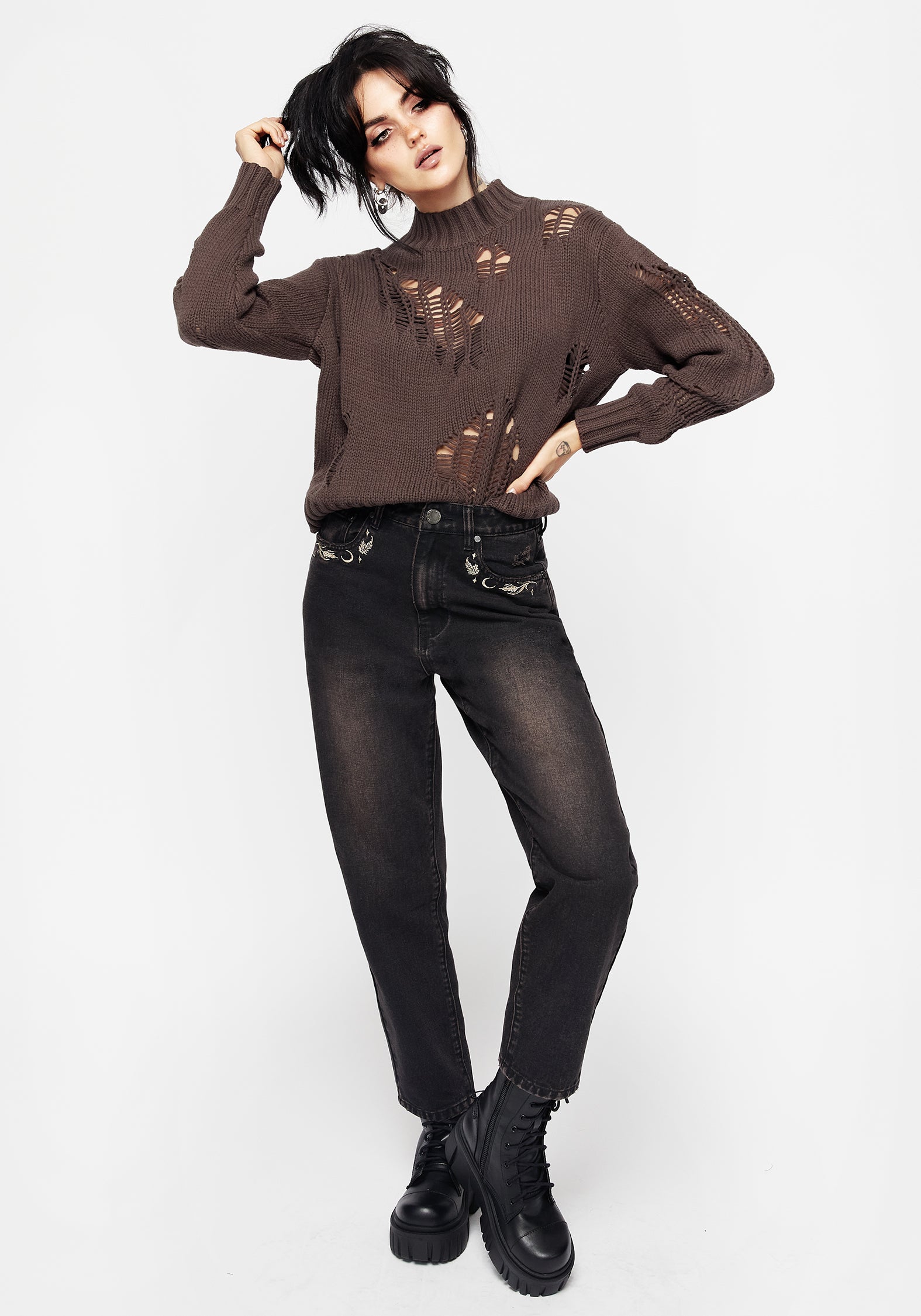 Distressed Brown Knit Sweater with Ribbed Collar | Relaxed Fit