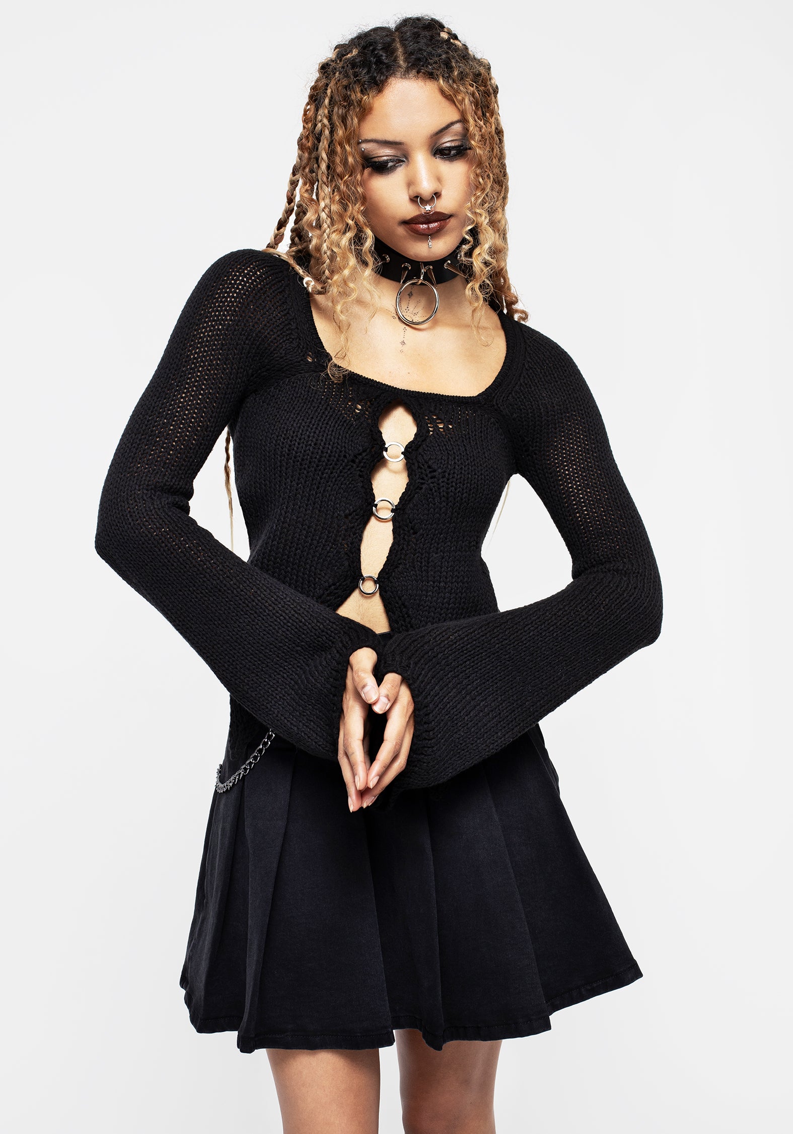 Black Knitted Crop Top with Ring Closure | Replicant Funk
