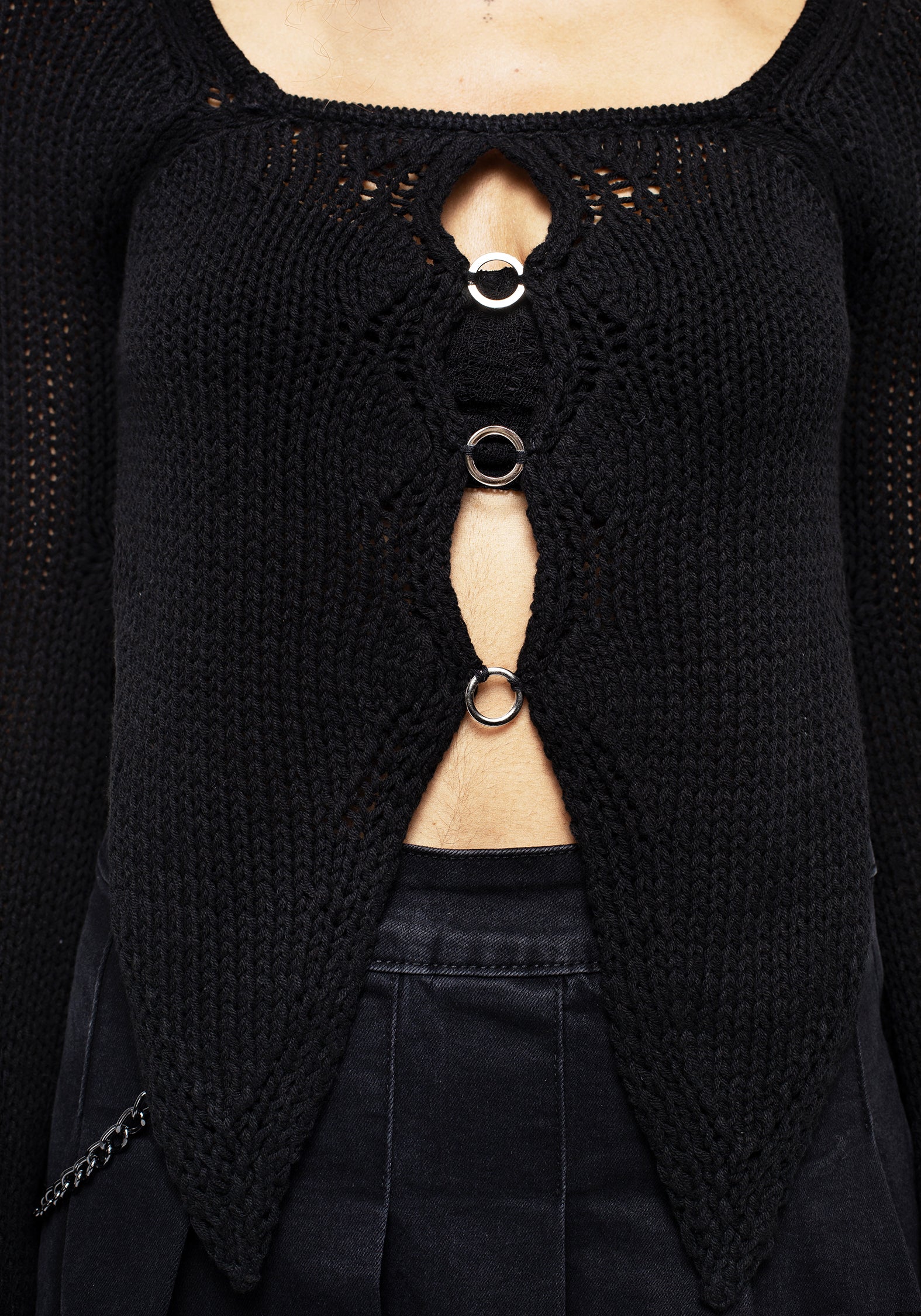 Black Knitted Crop Top with Ring Closure | Replicant Funk