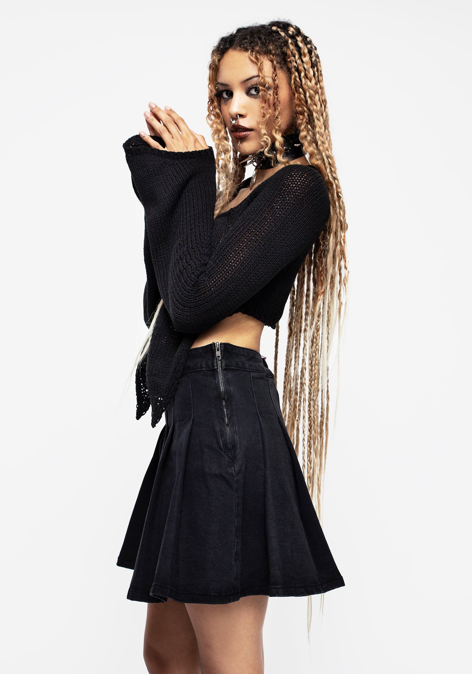 Black Knitted Crop Top with Ring Closure | Replicant Funk