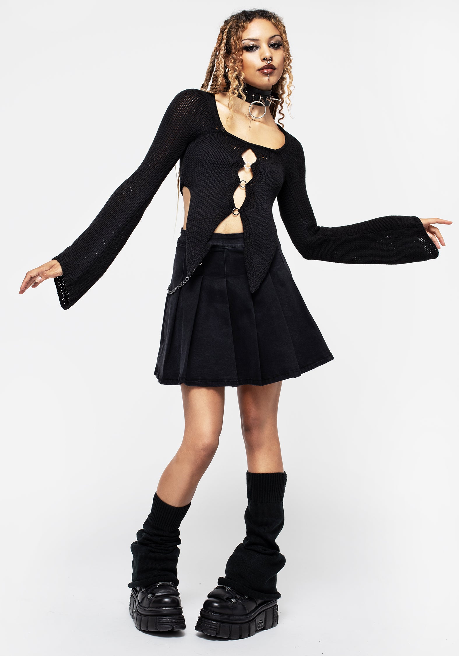 Black Knitted Crop Top with Ring Closure | Replicant Funk