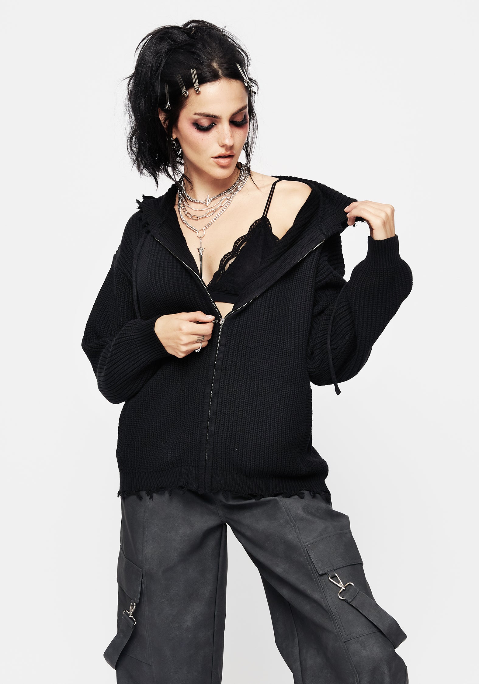 Black Knit Zip-Up Hoodie with Distressed Hems | Relaxed Unisex Fit