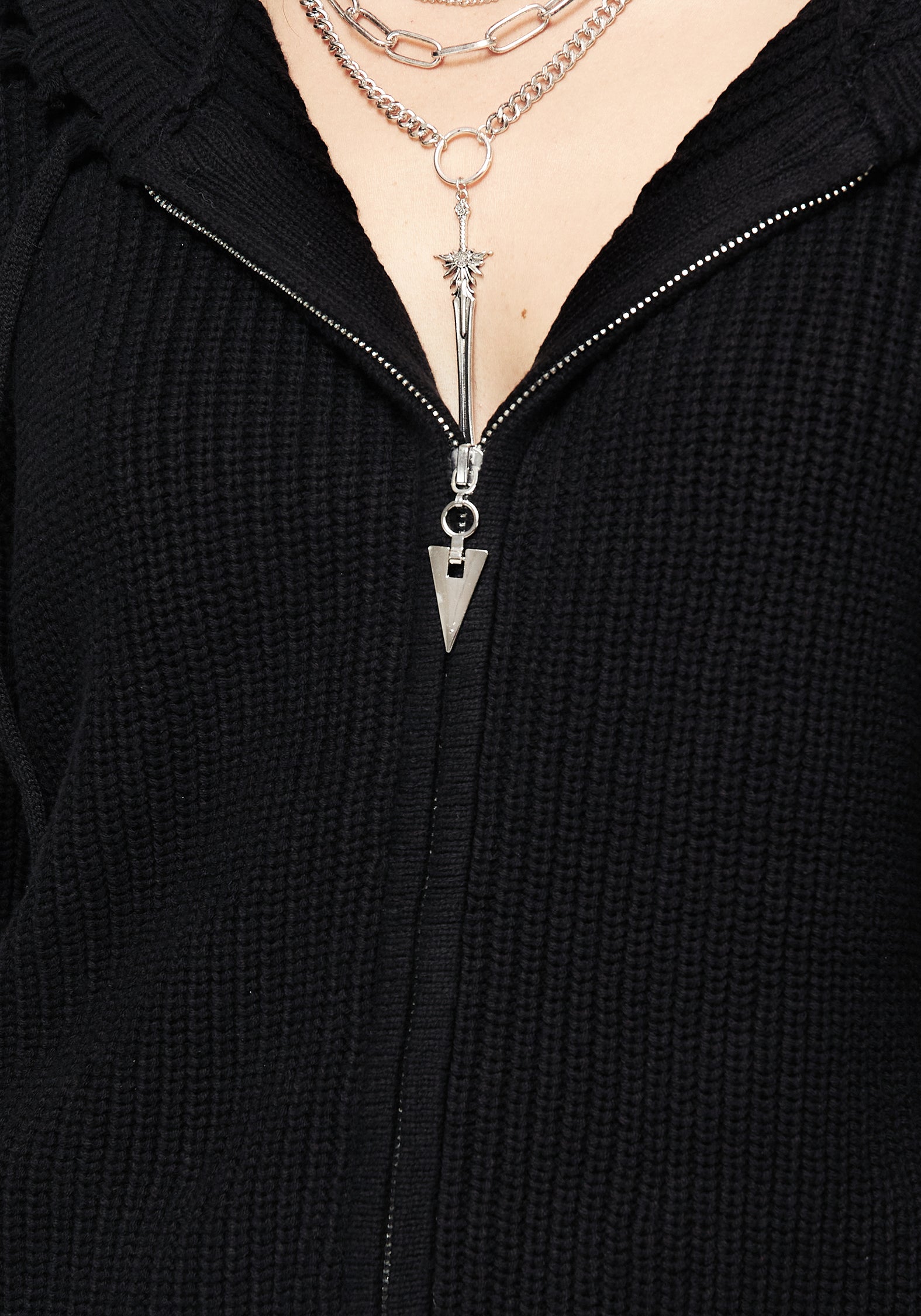 Black Knit Zip-Up Hoodie with Distressed Hems | Relaxed Unisex Fit