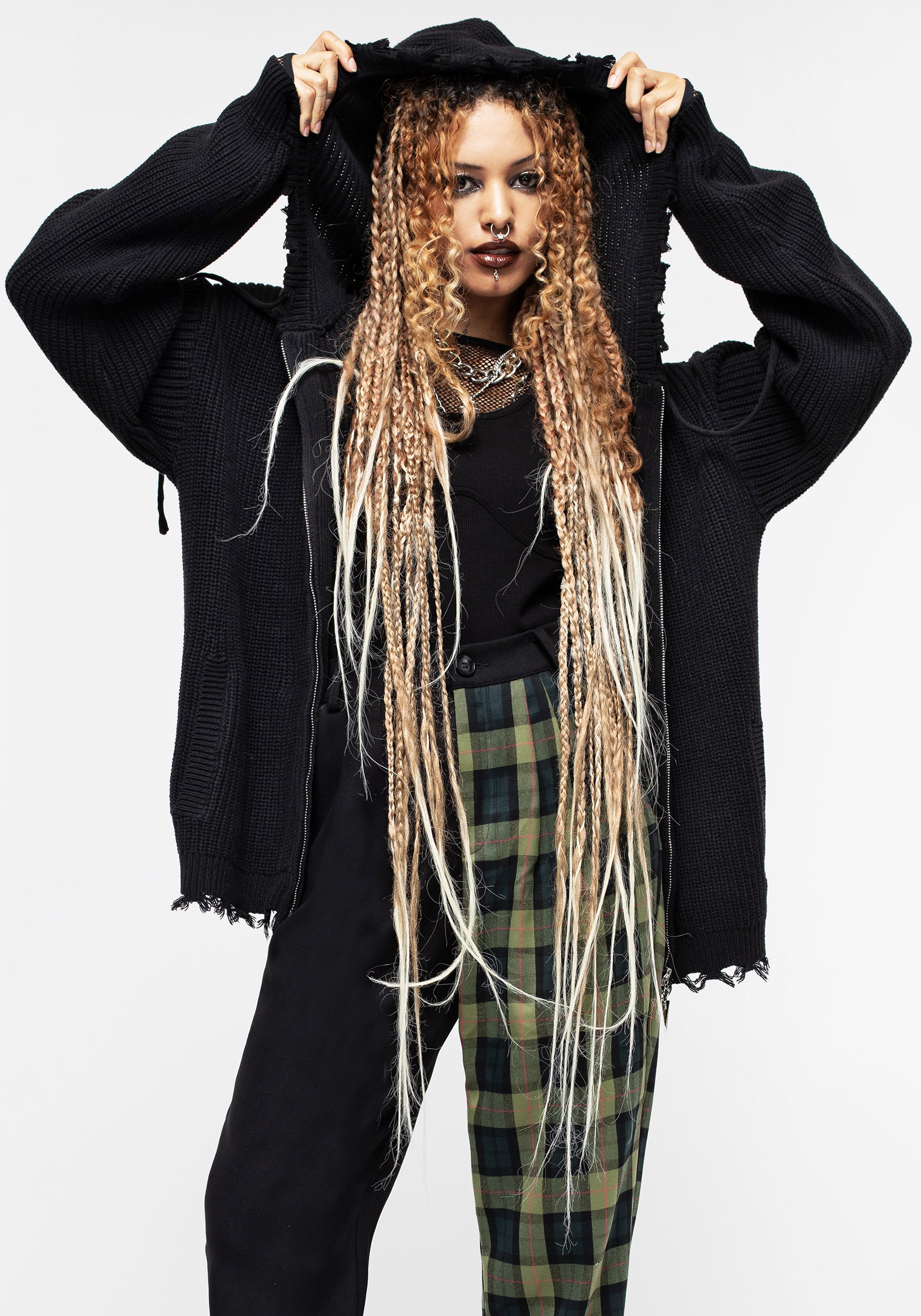 Black Knit Zip-Up Hoodie with Distressed Hems | Relaxed Unisex Fit