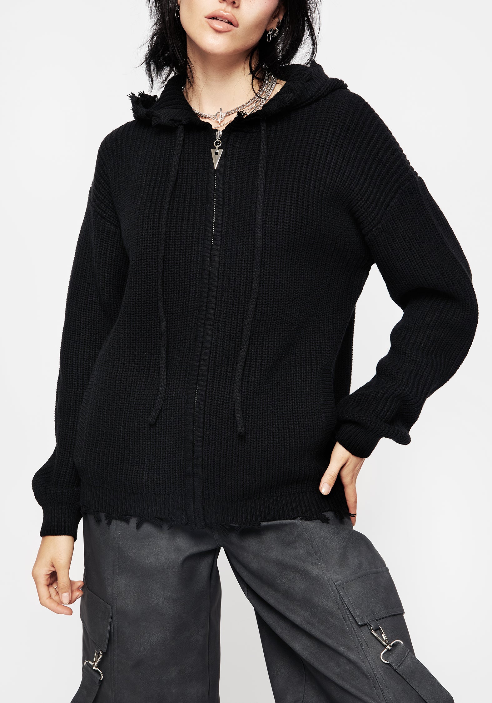 Black Knit Zip-Up Hoodie with Distressed Hems | Relaxed Unisex Fit