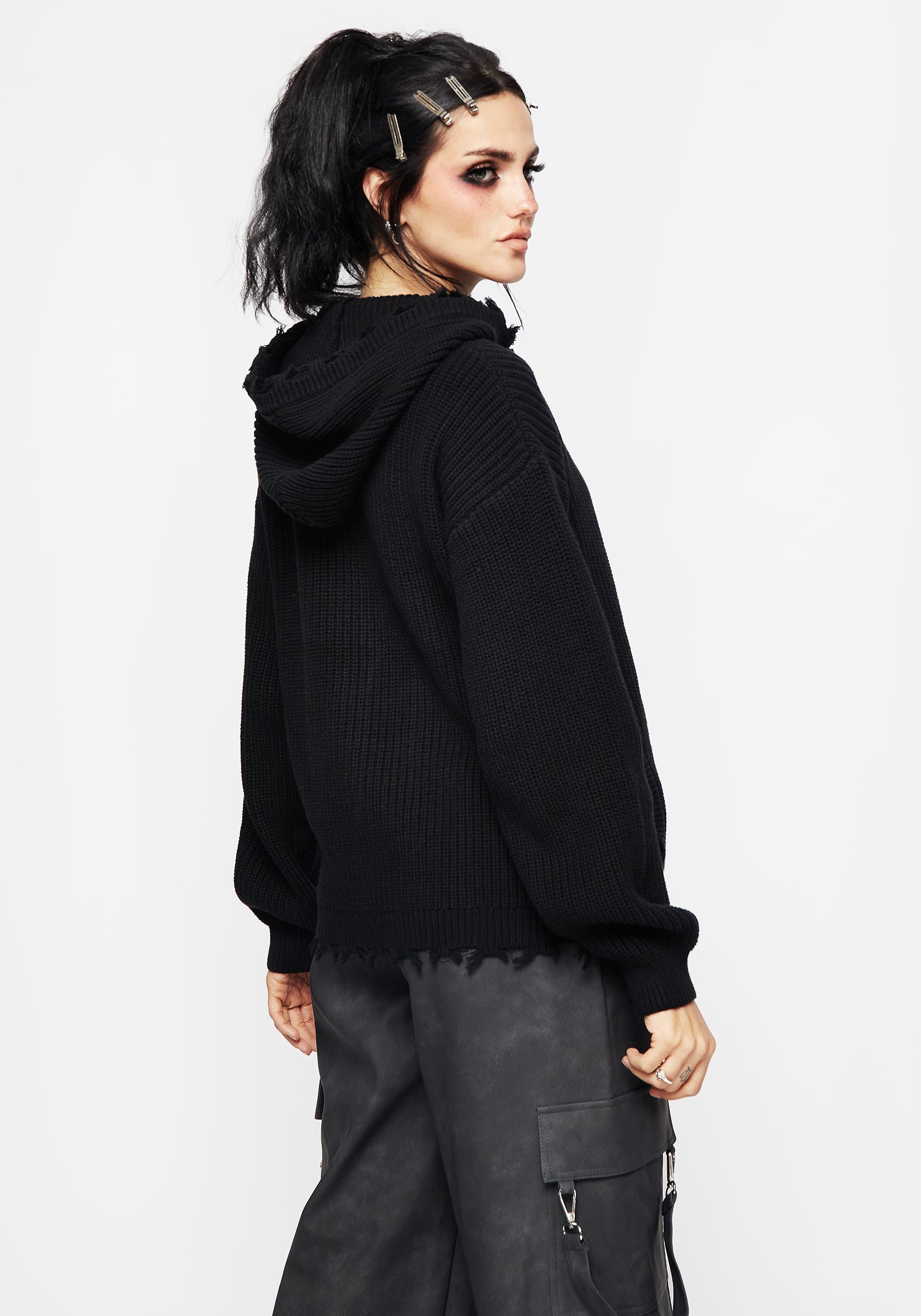 Black Knit Zip-Up Hoodie with Distressed Hems | Relaxed Unisex Fit
