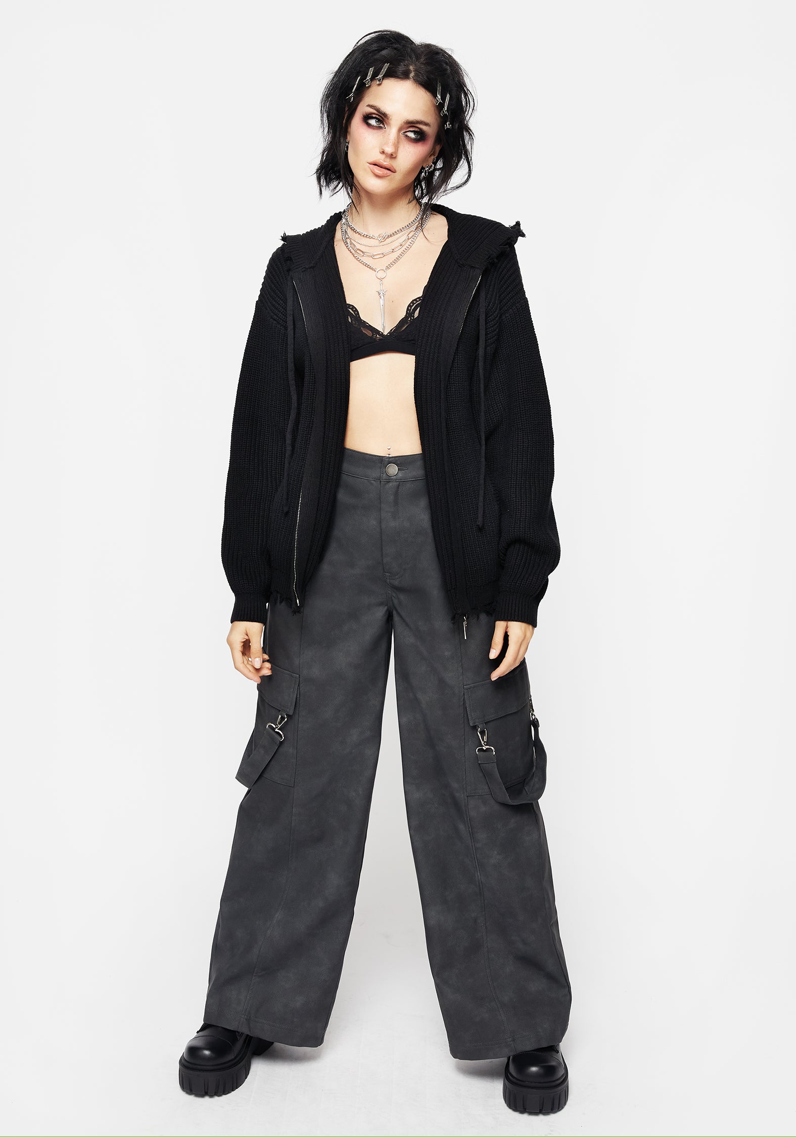 Black Knit Zip-Up Hoodie with Distressed Hems | Relaxed Unisex Fit