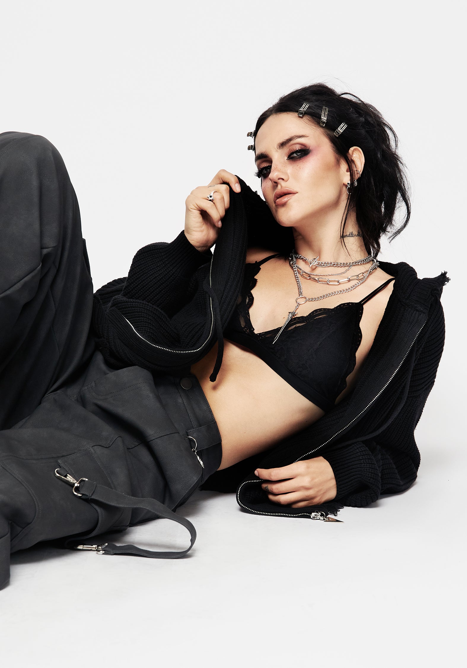 Black Knit Zip-Up Hoodie with Distressed Hems | Relaxed Unisex Fit