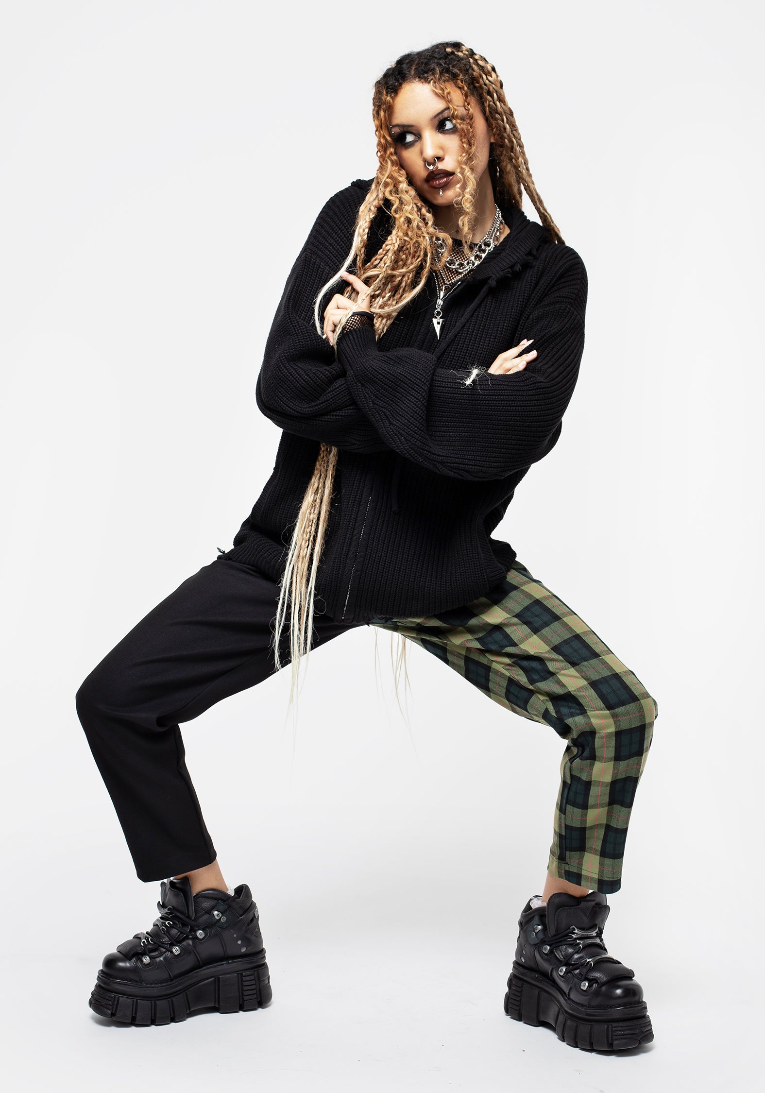 Black Knit Zip-Up Hoodie with Distressed Hems | Relaxed Unisex Fit