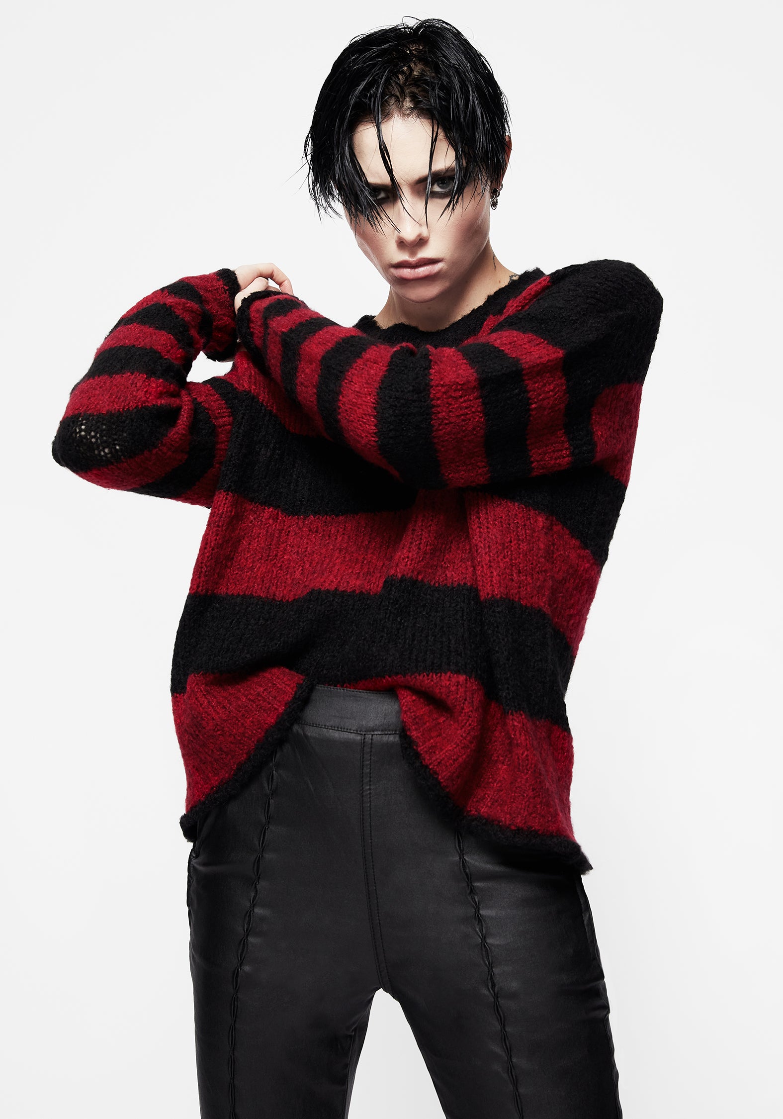 Black & Red Loose Knit Sweater with Crew Neck | Android