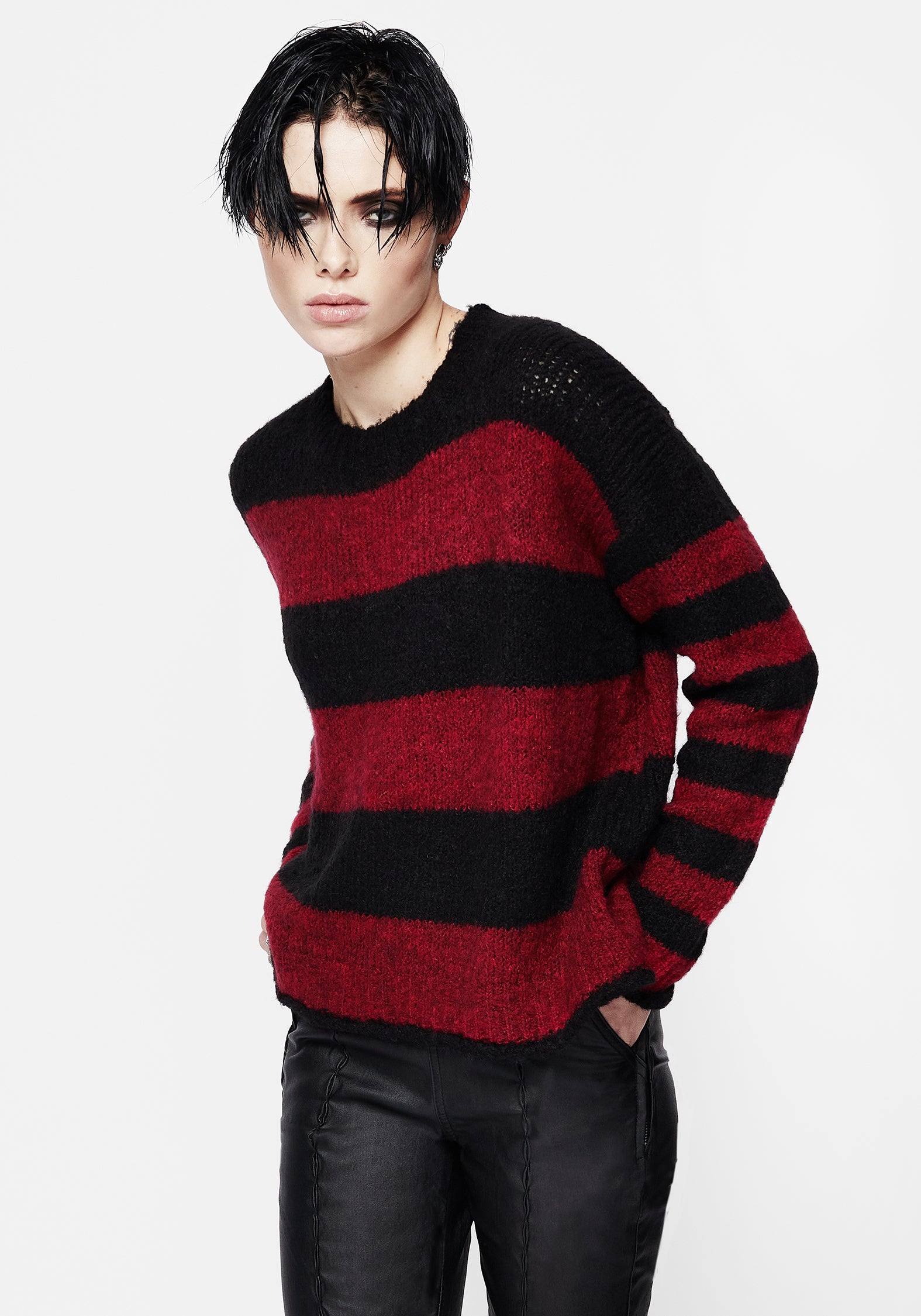 Black & Red Loose Knit Sweater with Crew Neck | Android