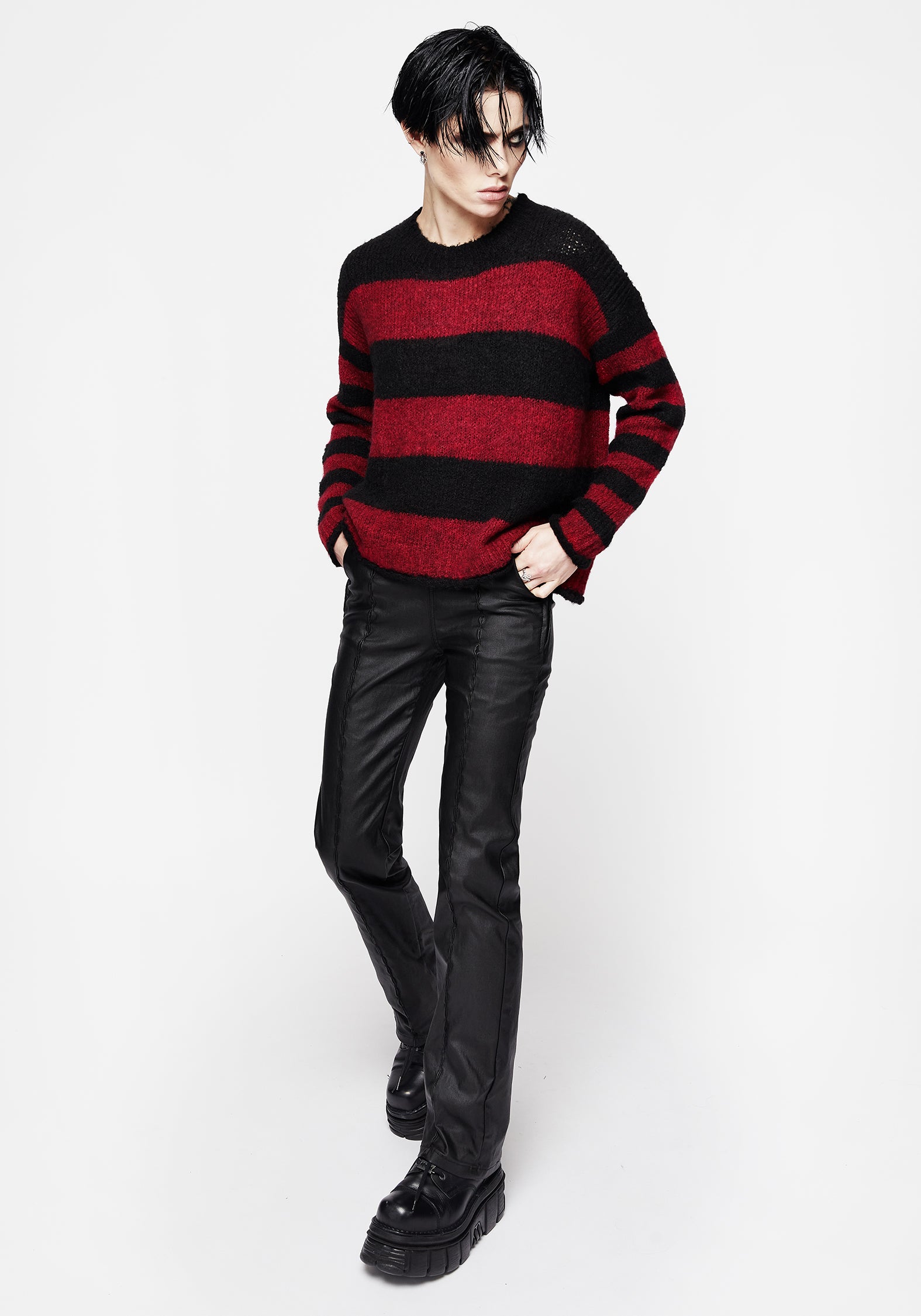 Black & Red Loose Knit Sweater with Crew Neck | Android