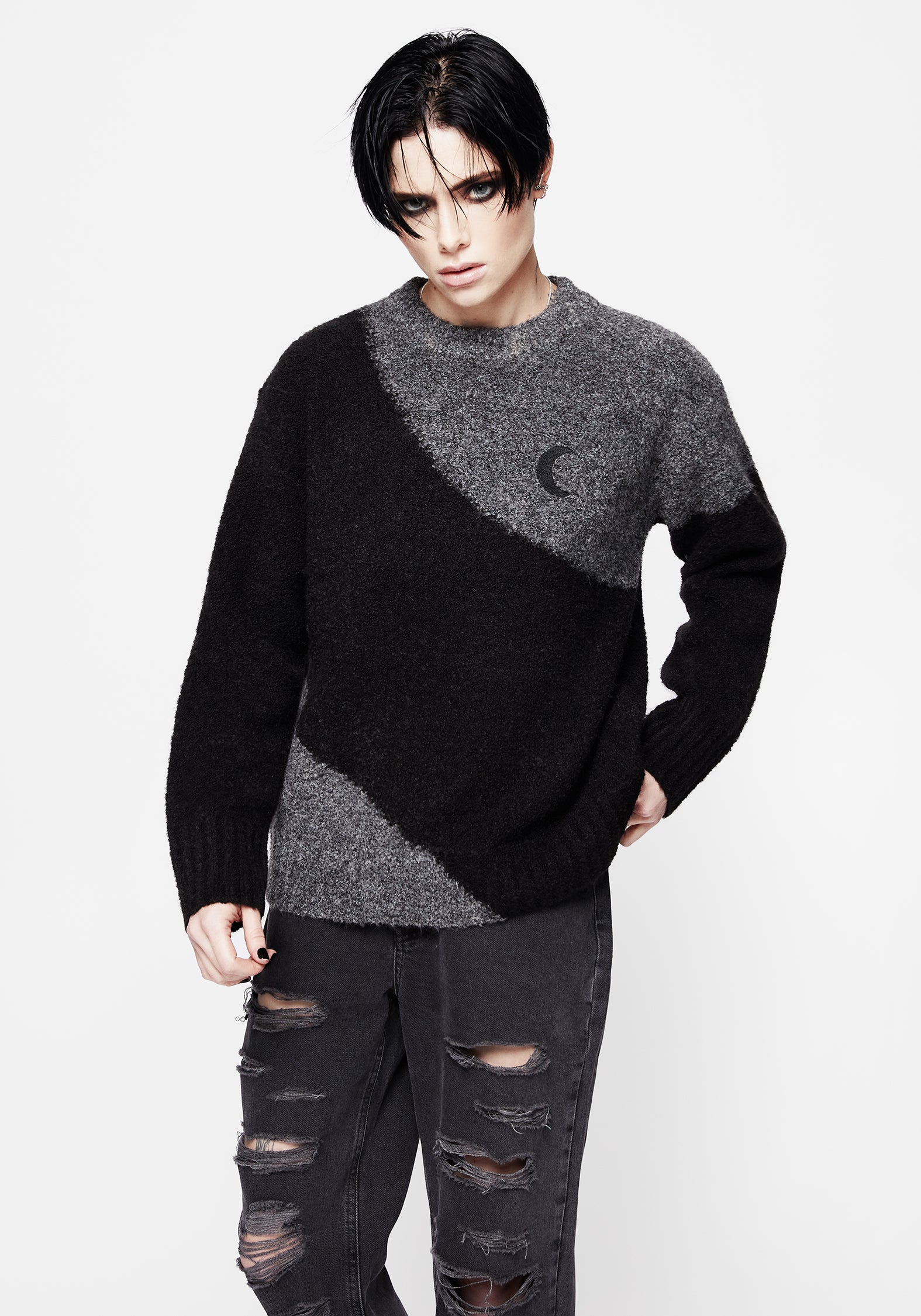 Black & Grey Colour Block Sweater with Moon Embroidery | Callisto