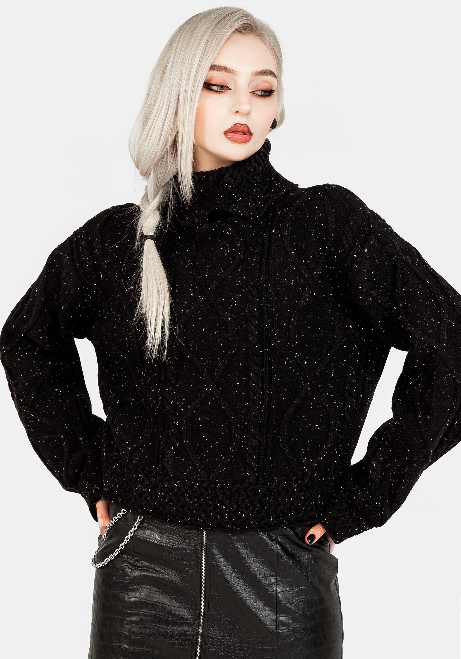Black Speckled Cable Knit Sweater | Relaxed Long-Crop Fit | Marta