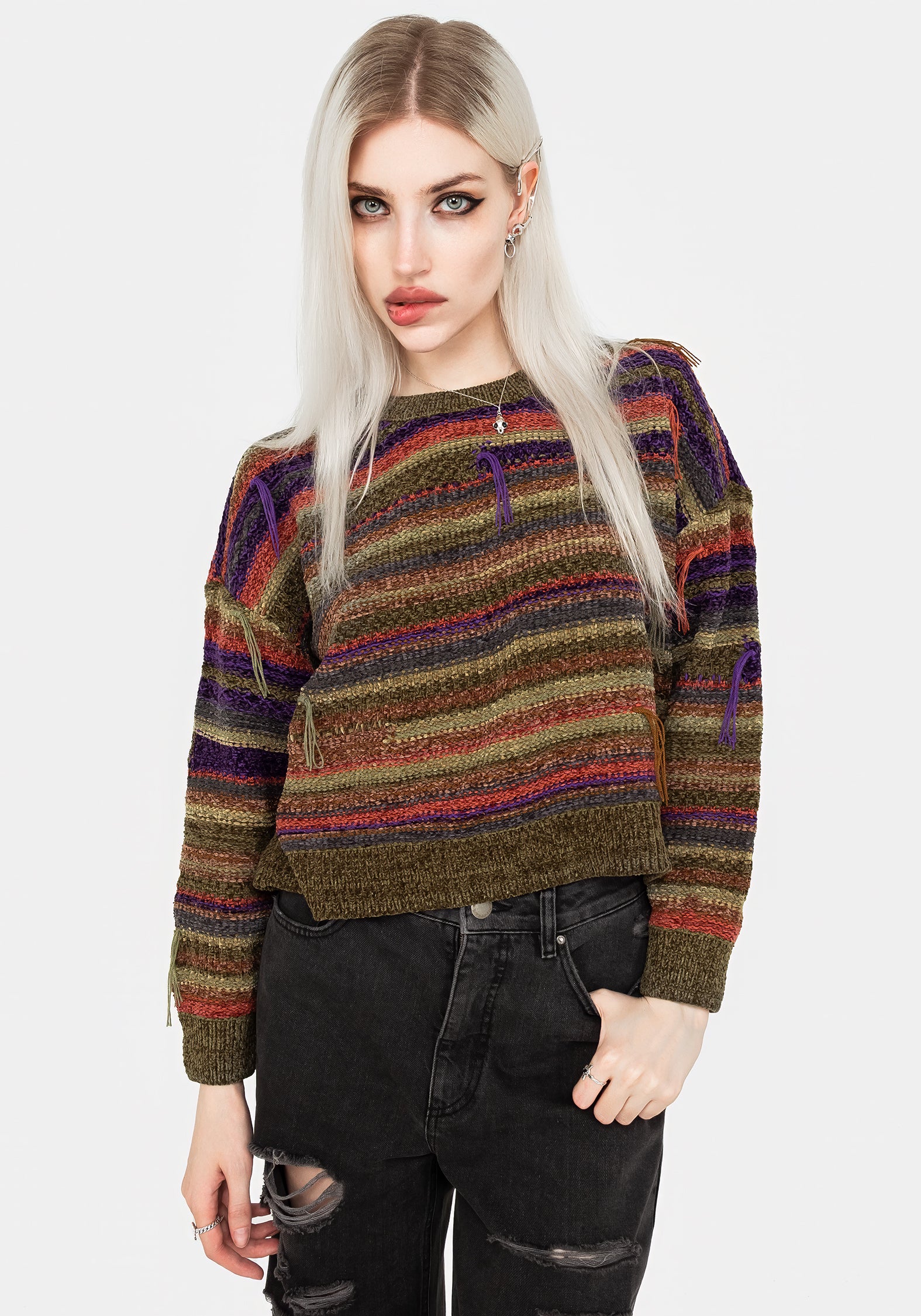Striped Chenille Sweater with Distressed Details | Sundew