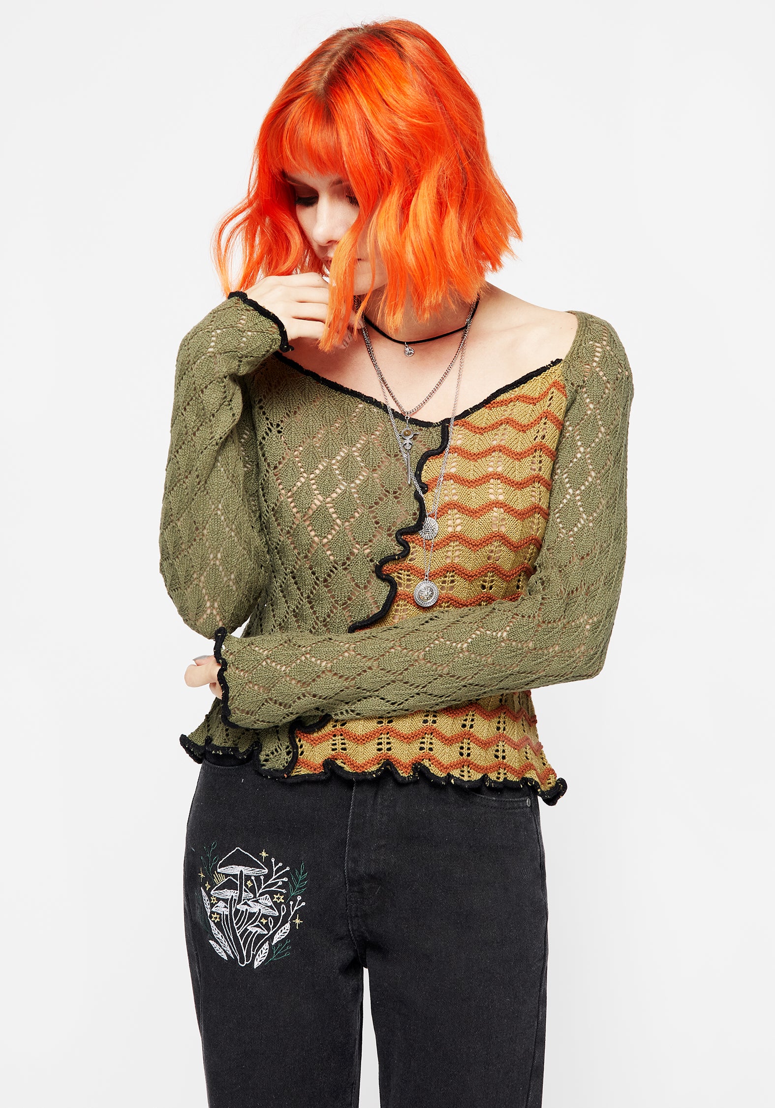 Patchwork Knit Top with Scooped Neck & Long Sleeves | Mixed Feelings