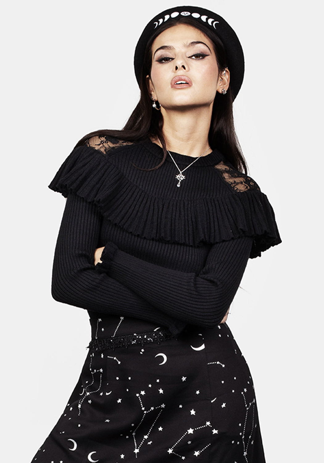 Black Ribbed Knit Sweater with Sheer Lace Panels & Frilled Cuffs | Edith