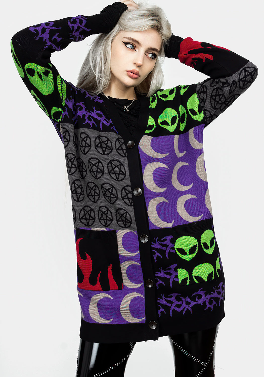 Fluffy Oversized Cardigan with Patchwork Design & Front Pockets