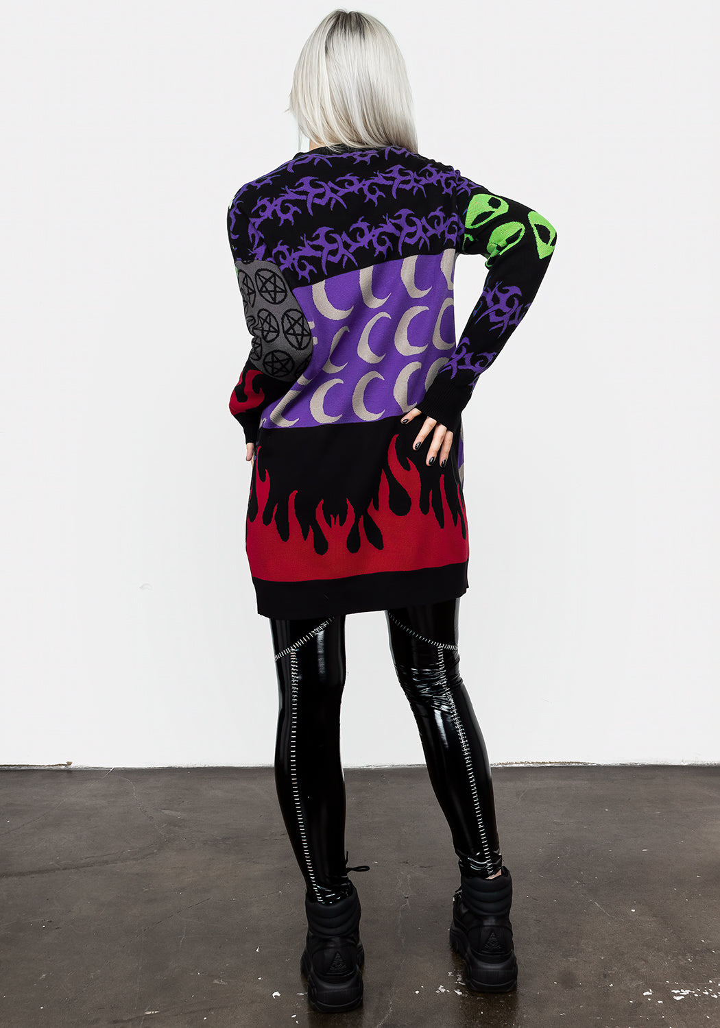 Fluffy Oversized Cardigan with Patchwork Design & Front Pockets