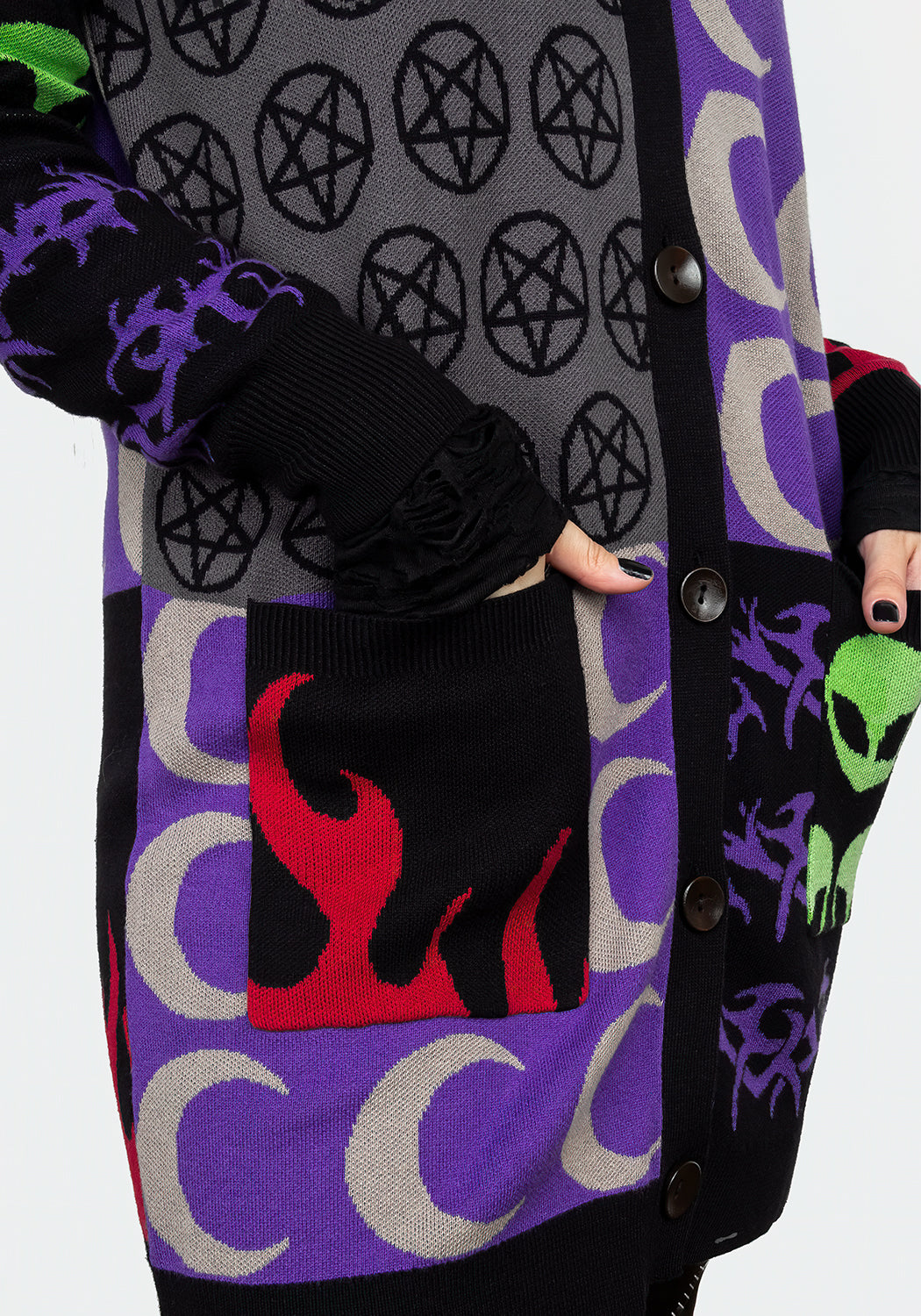 Fluffy Oversized Cardigan with Patchwork Design & Front Pockets