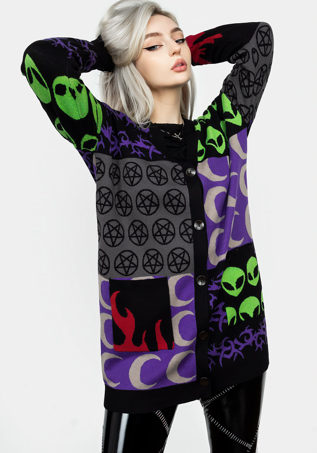 Fluffy Oversized Cardigan with Patchwork Design & Front Pockets