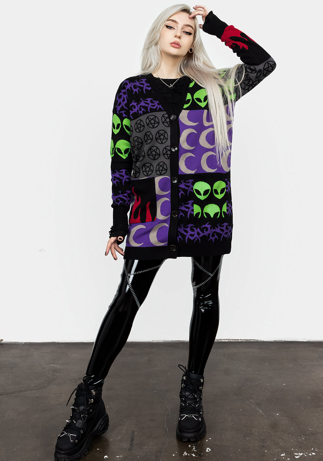 Fluffy Oversized Cardigan with Patchwork Design & Front Pockets