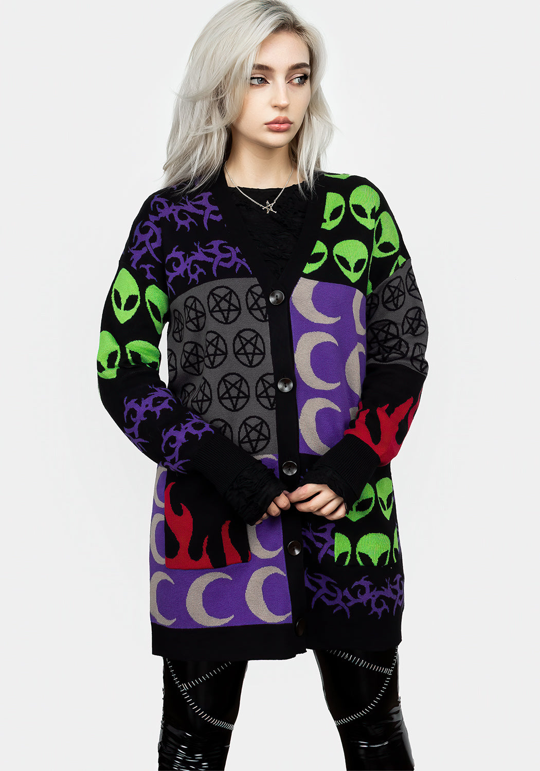 Fluffy Oversized Cardigan with Patchwork Design & Front Pockets