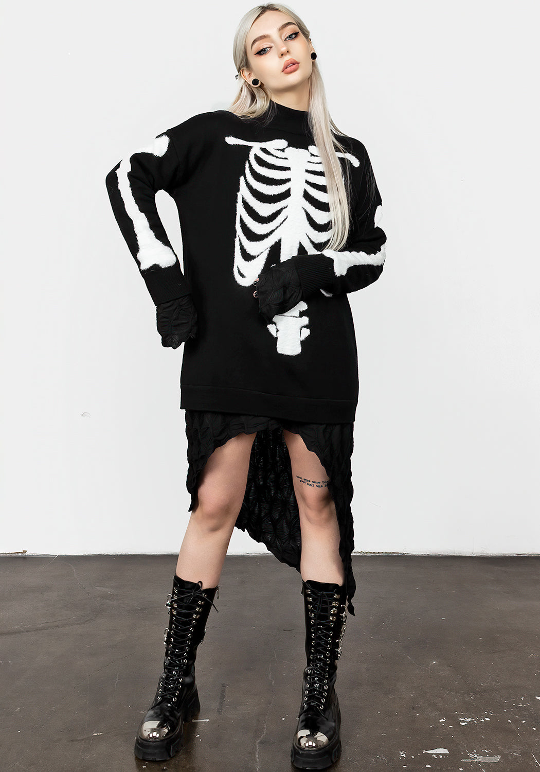 Black Oversized Knit Sweater with Skeletal Design | Skeletus