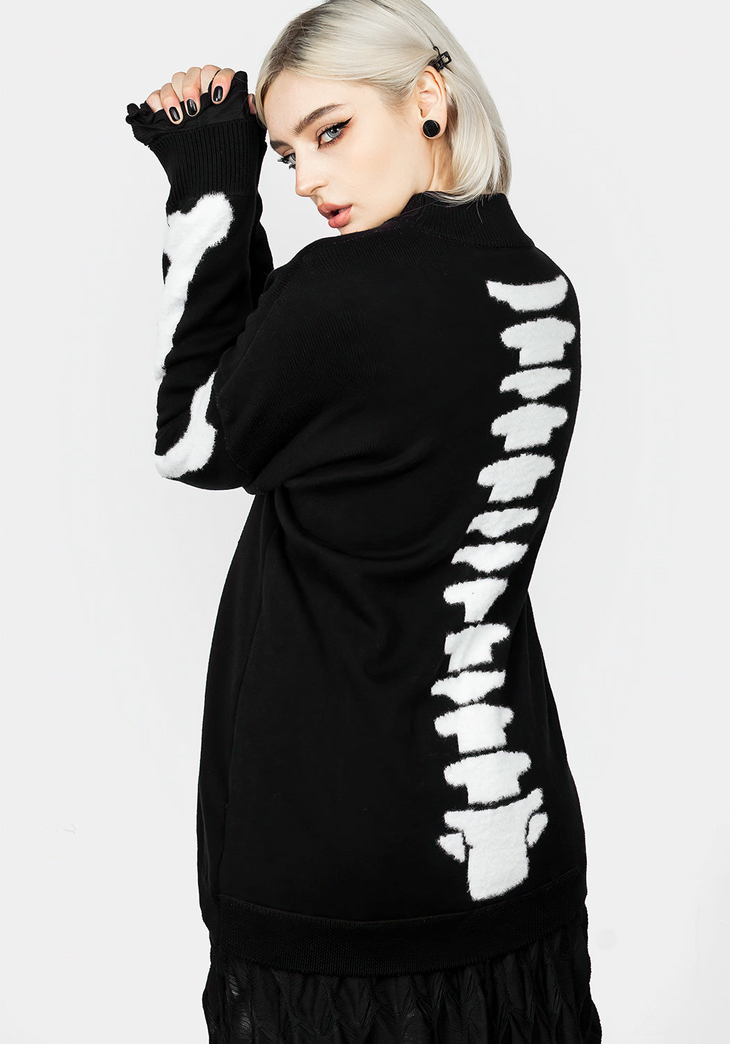 Black Oversized Knit Sweater with Skeletal Design | Skeletus