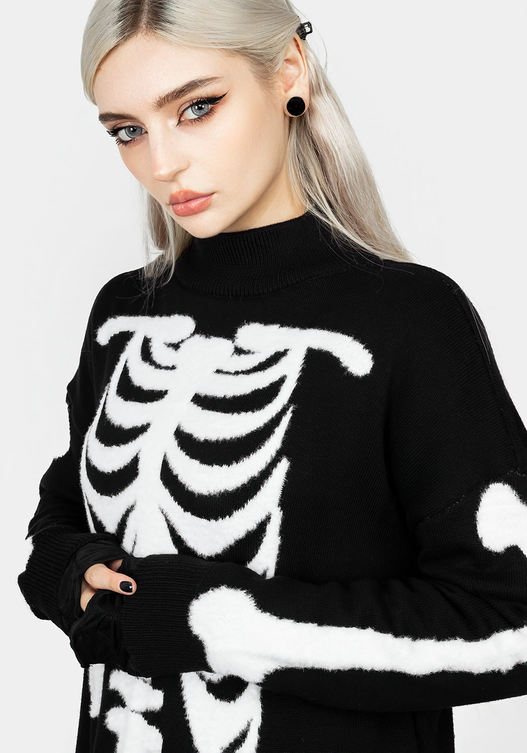 Black Oversized Knit Sweater with Skeletal Design | Skeletus