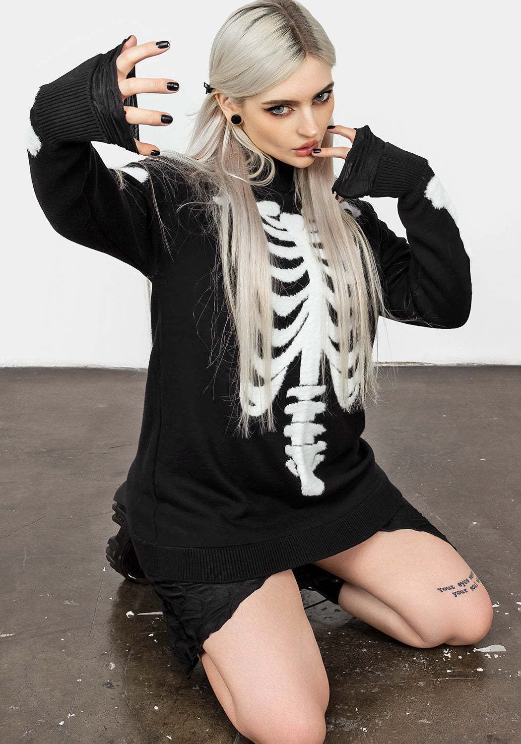 Black Oversized Knit Sweater with Skeletal Design | Skeletus