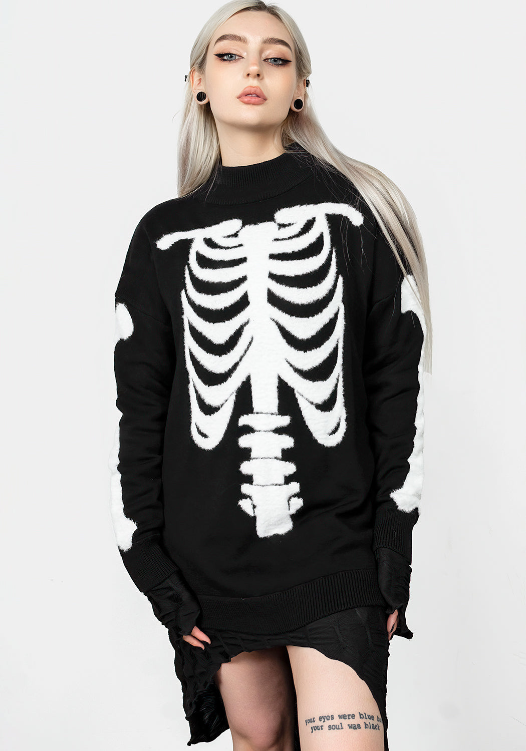 Black Oversized Knit Sweater with Skeletal Design | Skeletus