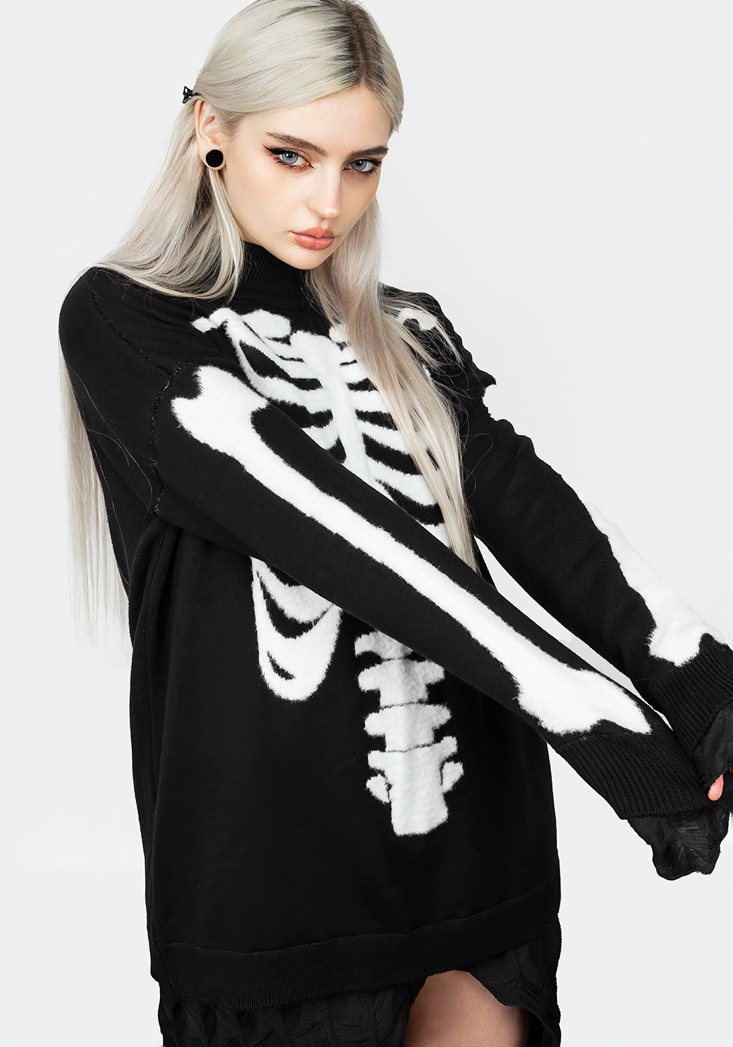 Black Oversized Knit Sweater with Skeletal Design | Skeletus