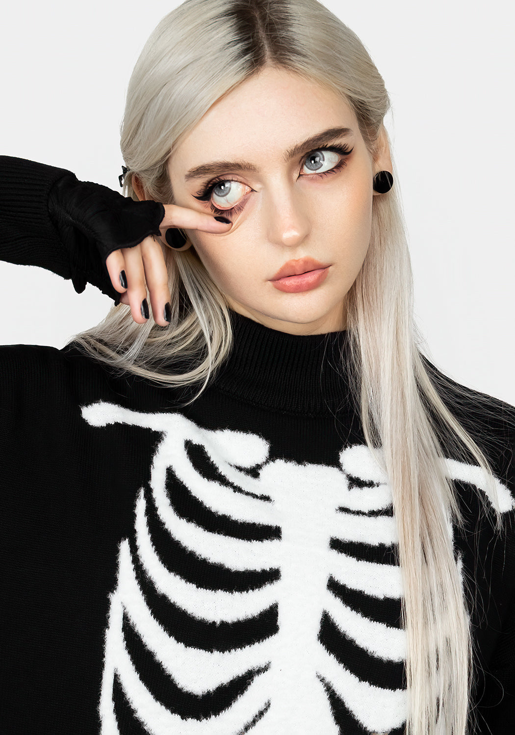 Black Oversized Knit Sweater with Skeletal Design | Skeletus