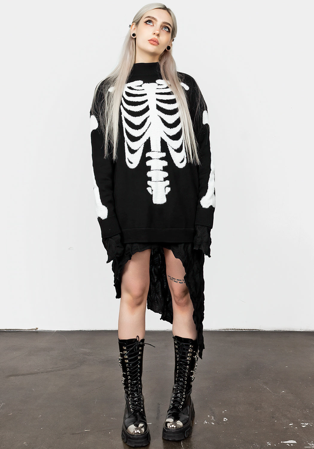 Black Oversized Knit Sweater with Skeletal Design | Skeletus