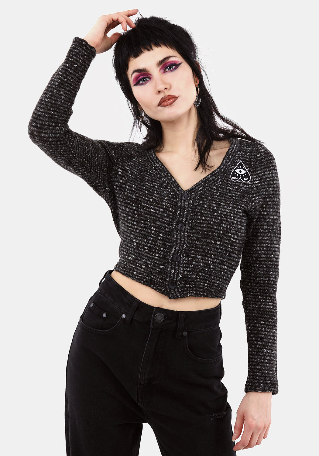 Embroidered Cropped Cardigan with V-Neck & Stripes | Hildegard