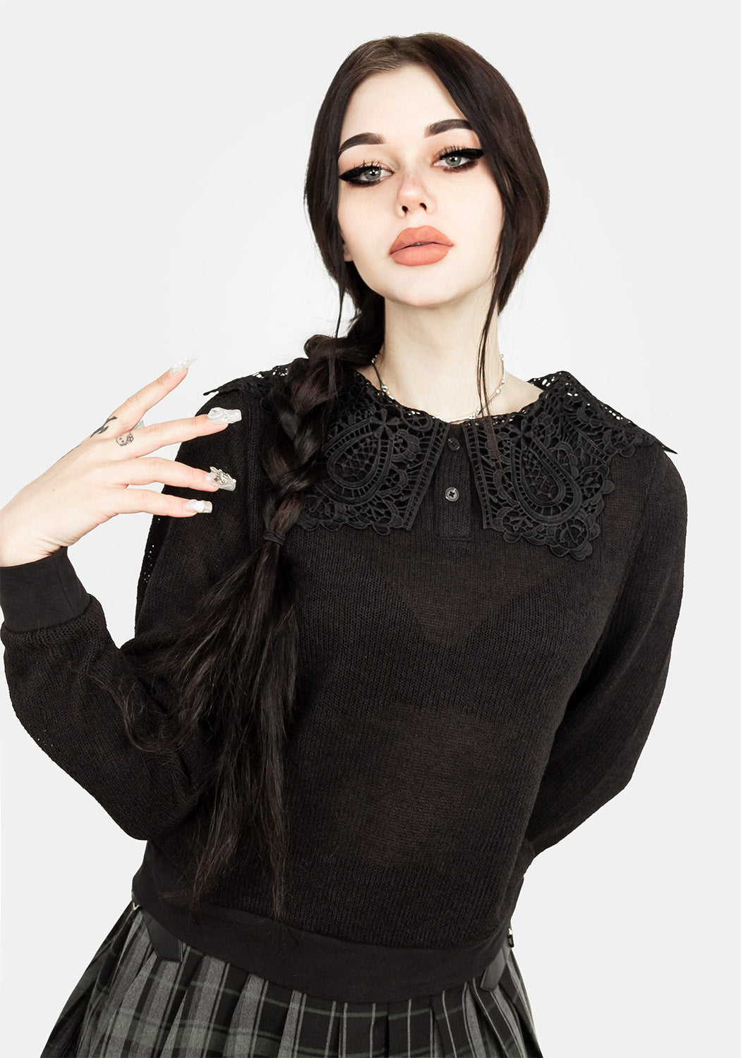 Black Broderie Anglaise Sweater with Lace Collar | Raphael