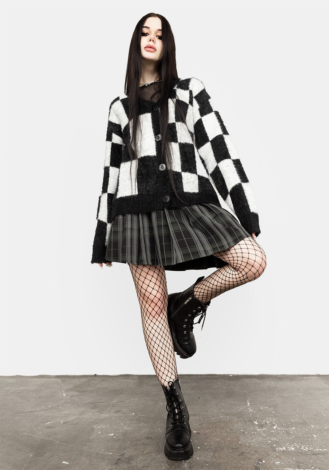 Oversized Checkerboard Knit Cardigan | Two-Tone Black & White