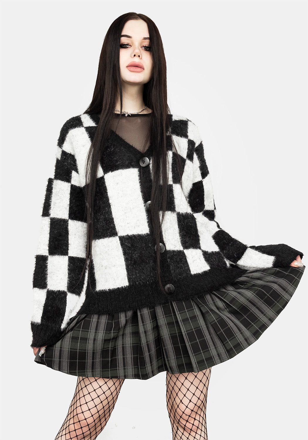 Oversized Checkerboard Knit Cardigan | Two-Tone Black & White