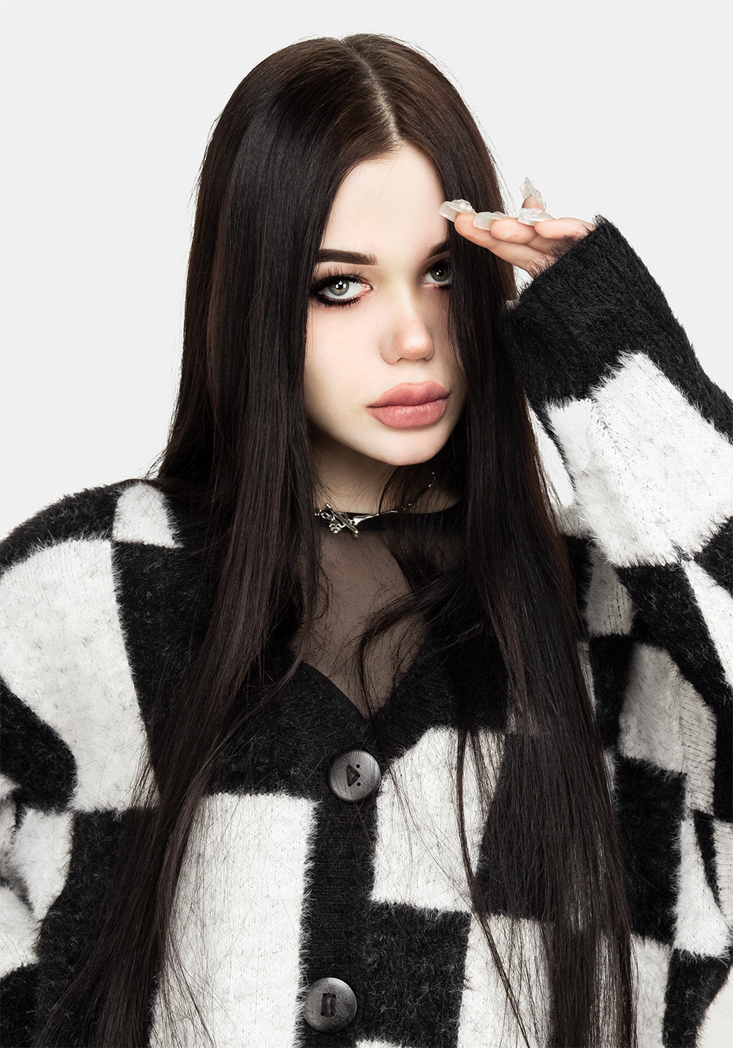 Oversized Checkerboard Knit Cardigan | Two-Tone Black & White