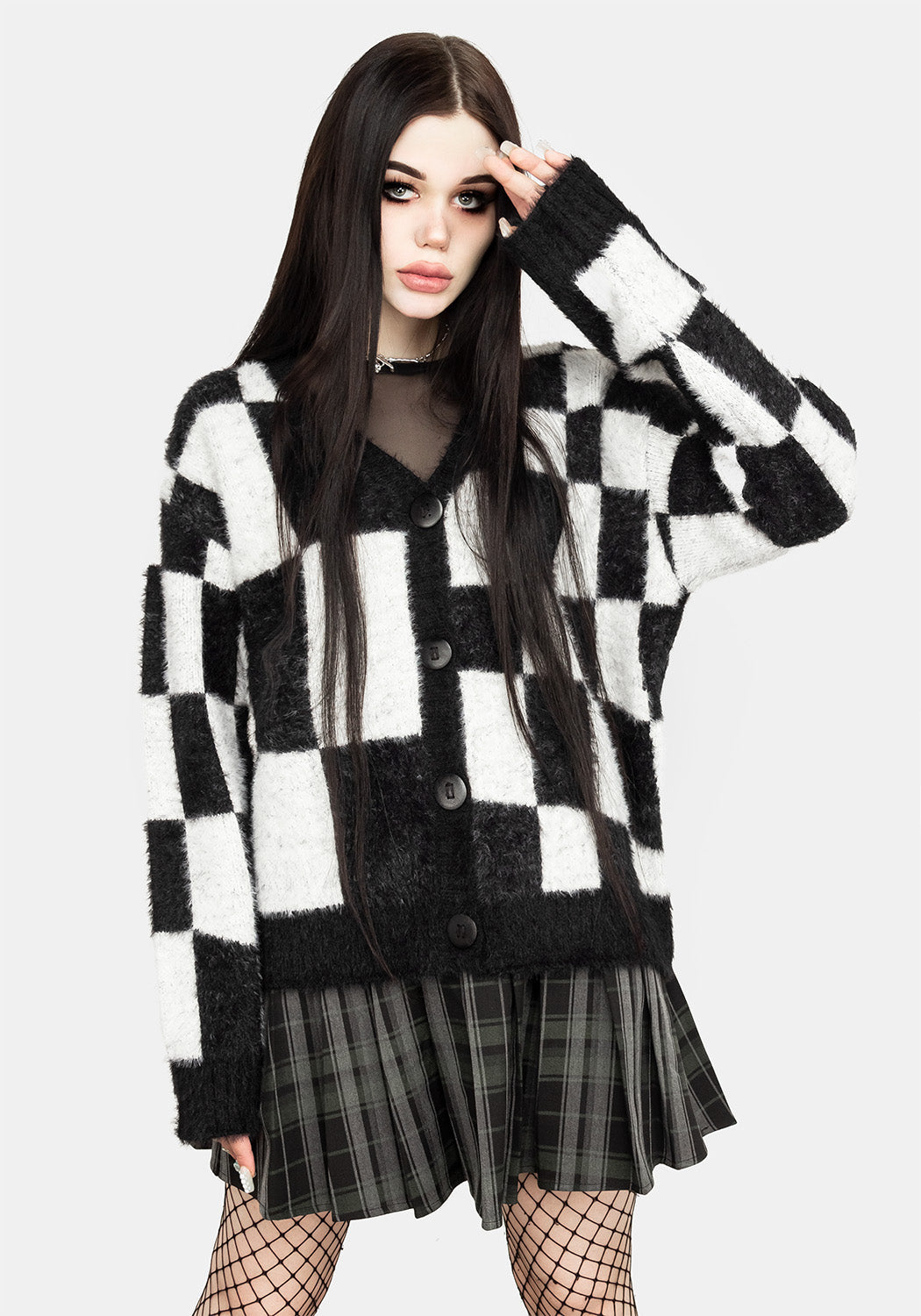Oversized Checkerboard Knit Cardigan | Two-Tone Black & White