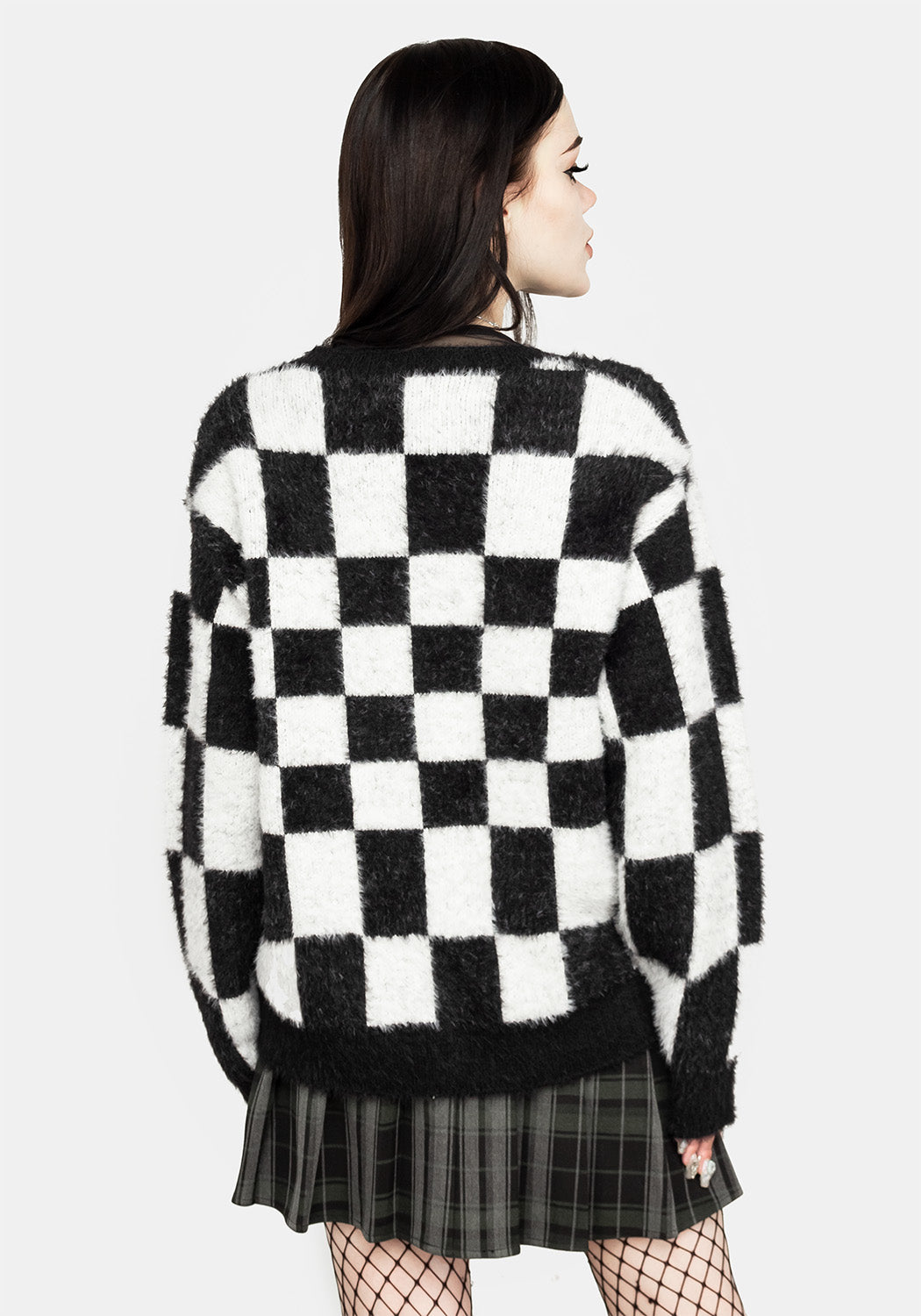 Oversized Checkerboard Knit Cardigan | Two-Tone Black & White