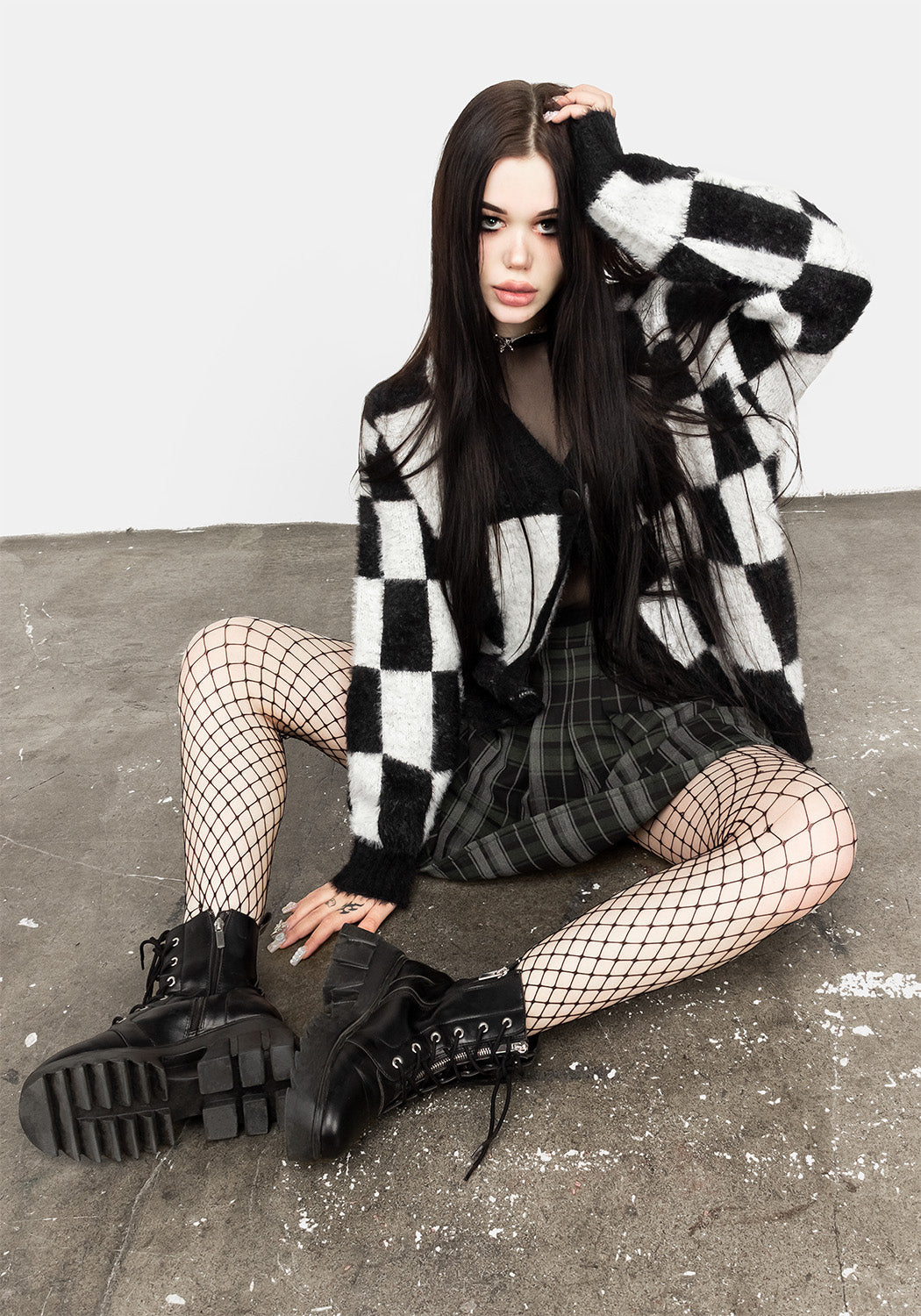 Oversized Checkerboard Knit Cardigan | Two-Tone Black & White