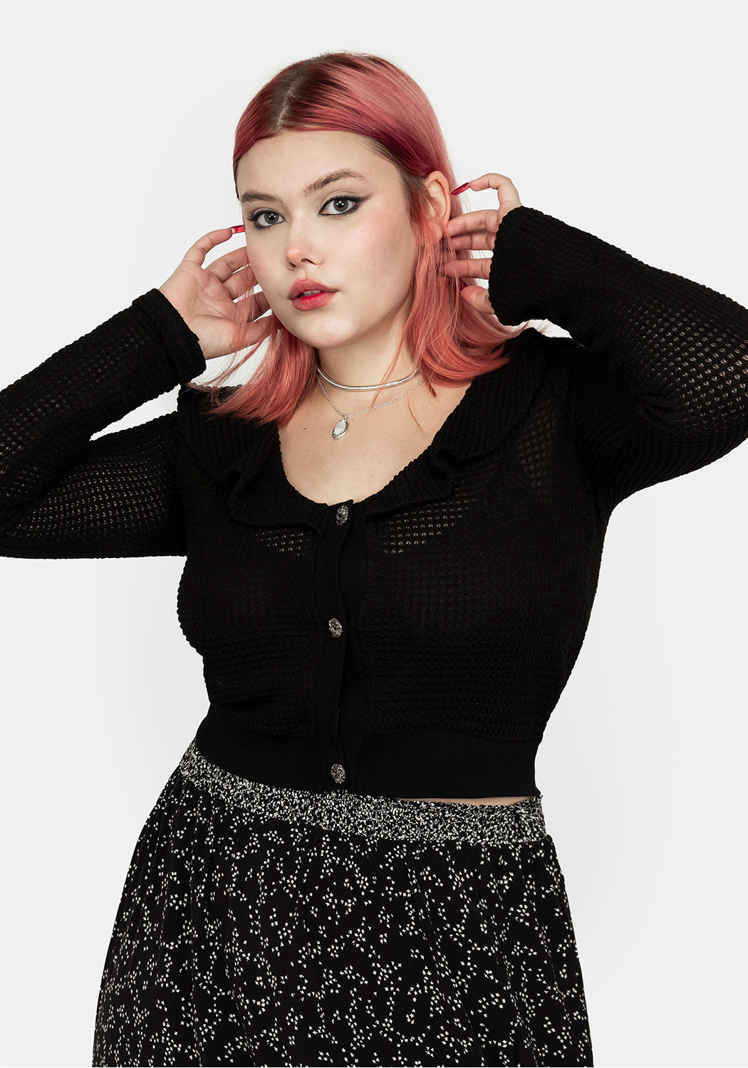 Crop Cardigan with Jewel Buttons & Frill Neckline | Enchantress