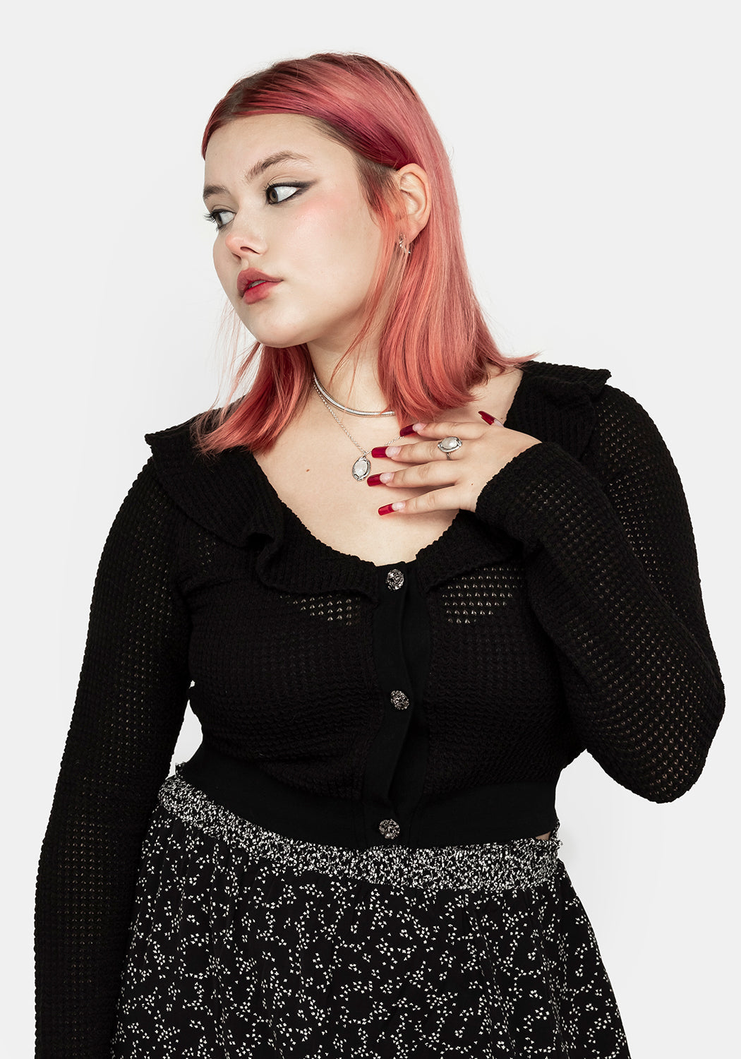 Crop Cardigan with Jewel Buttons & Frill Neckline | Enchantress