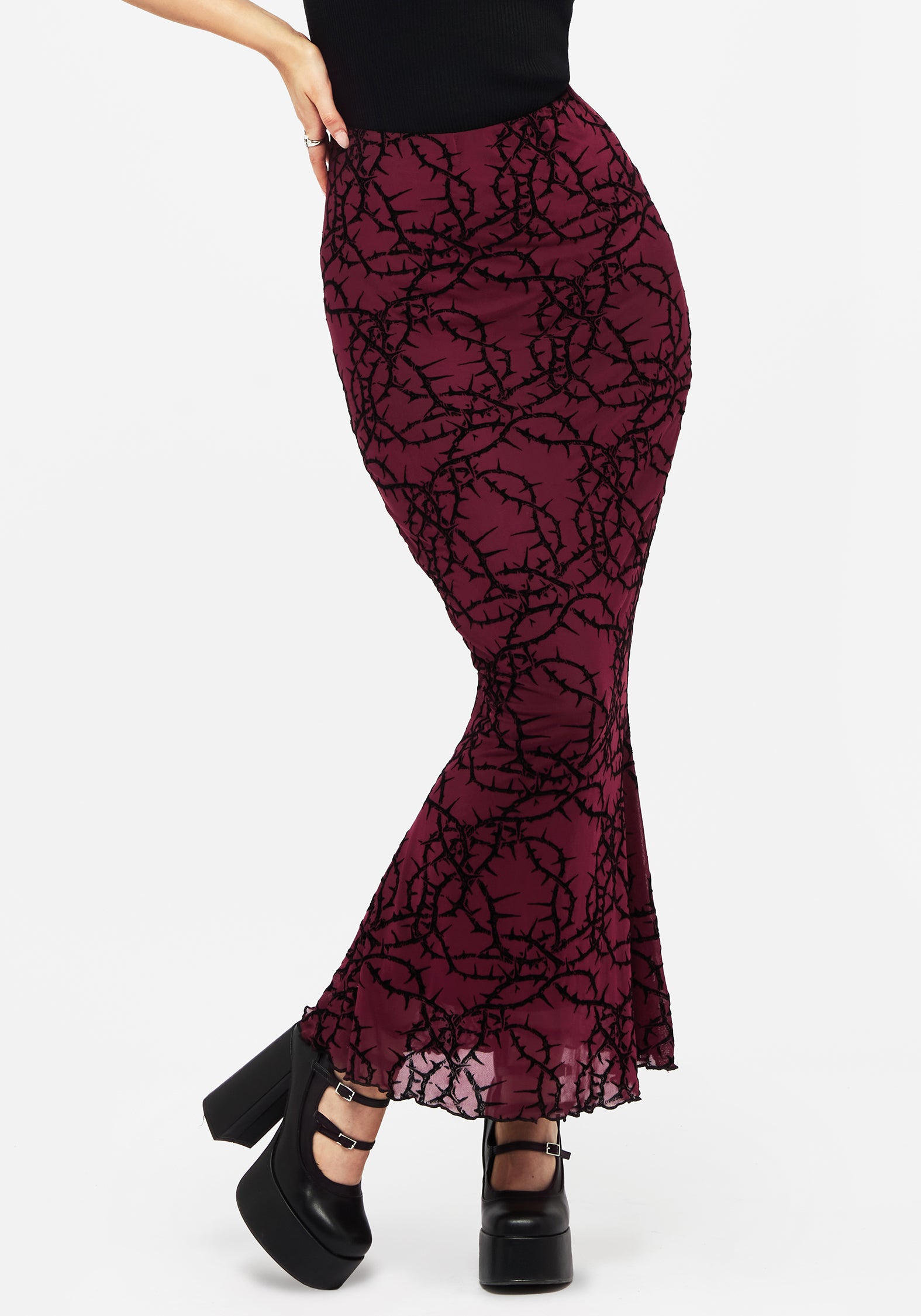 Red Thorns Print Mesh Mermaid Maxi Skirt | Elastic Waist & Lettuce Hem